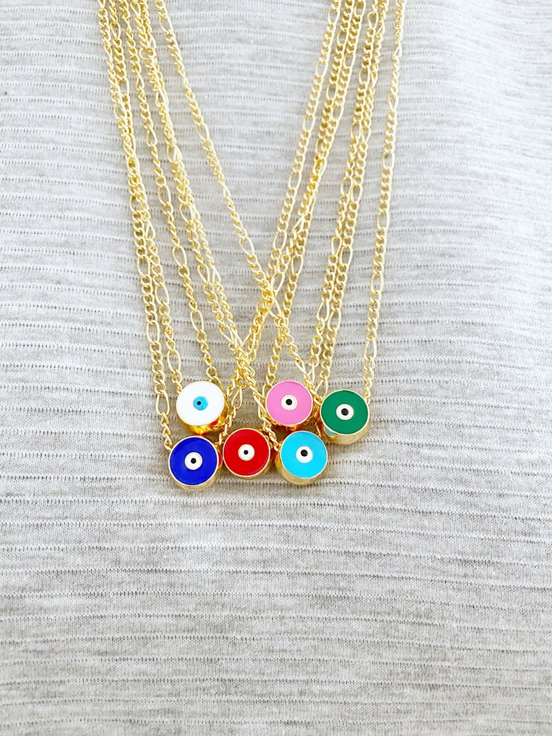 Handmade Evil Eye Necklace featuring a multicolor enamel eye charm on a gold long chain, perfect for gifting.