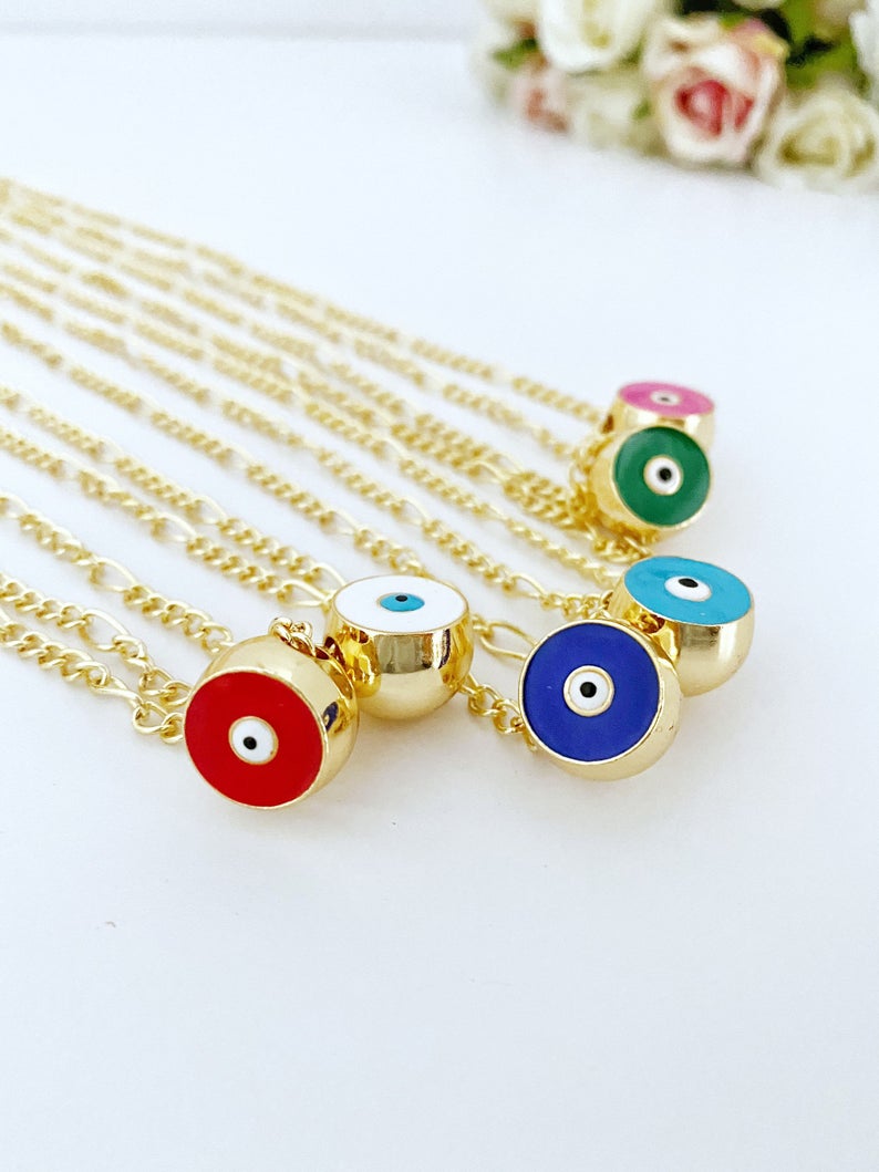 Handmade Evil Eye Necklace featuring a multicolor enamel eye charm on a gold long chain, perfect for gifting.