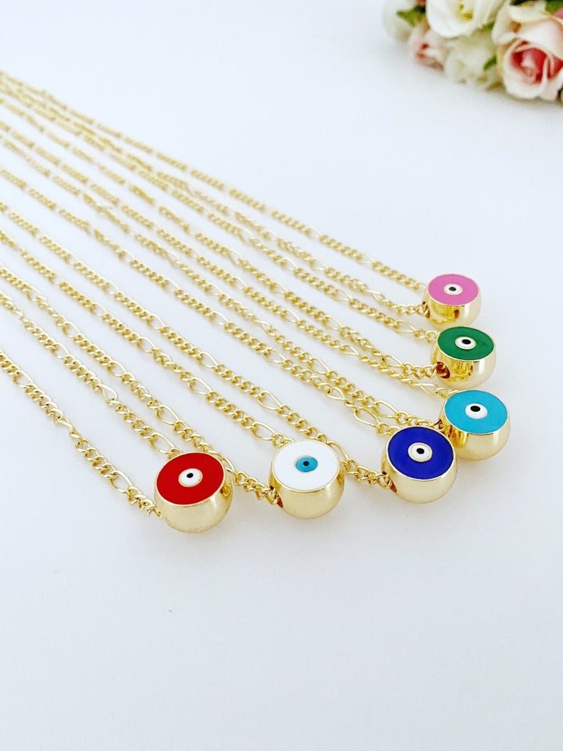 Handmade Evil Eye Necklace featuring a multicolor enamel eye charm on a gold long chain, perfect for gifting.