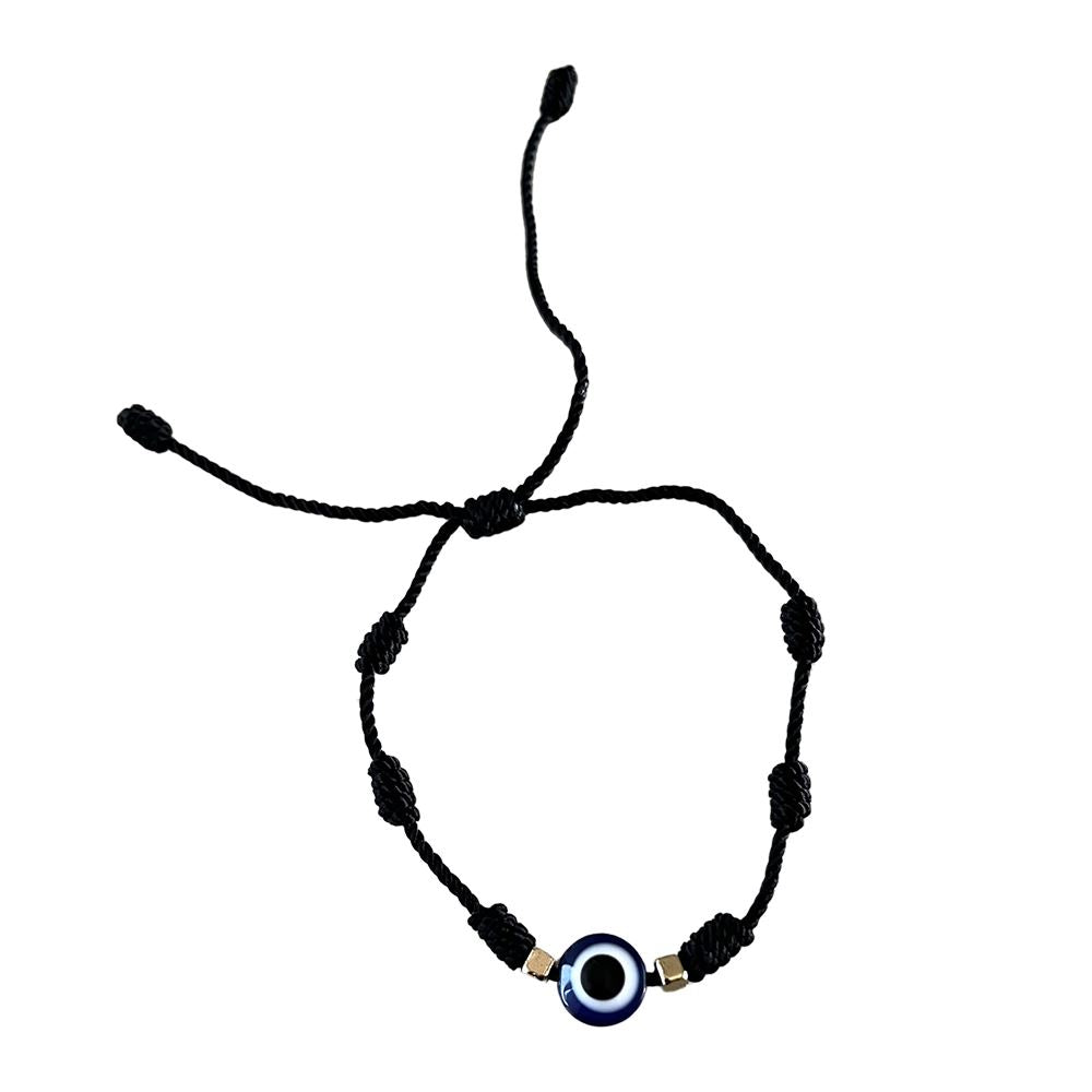 Evil Eye Nylon Thread Braided Bracelet featuring a vibrant blue eye symbol, intricately braided nylon threads, and beautiful gemstones.