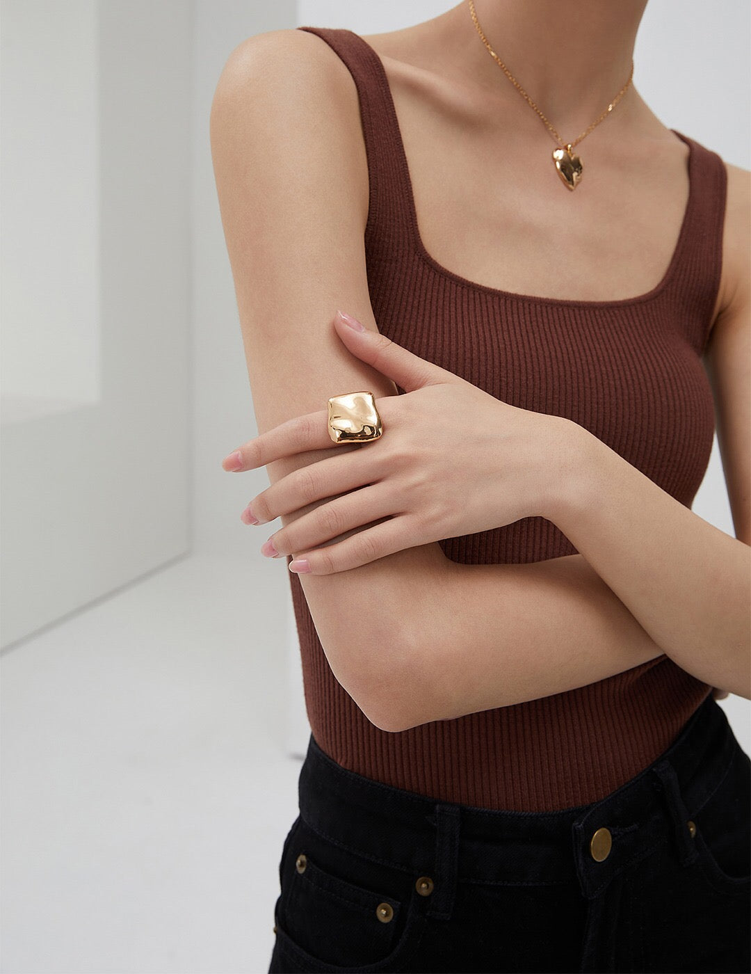 Exaggerated Square Concave and Convex Polished Ring, handmade with gold vermeil, showcasing its unique design and polished finish.