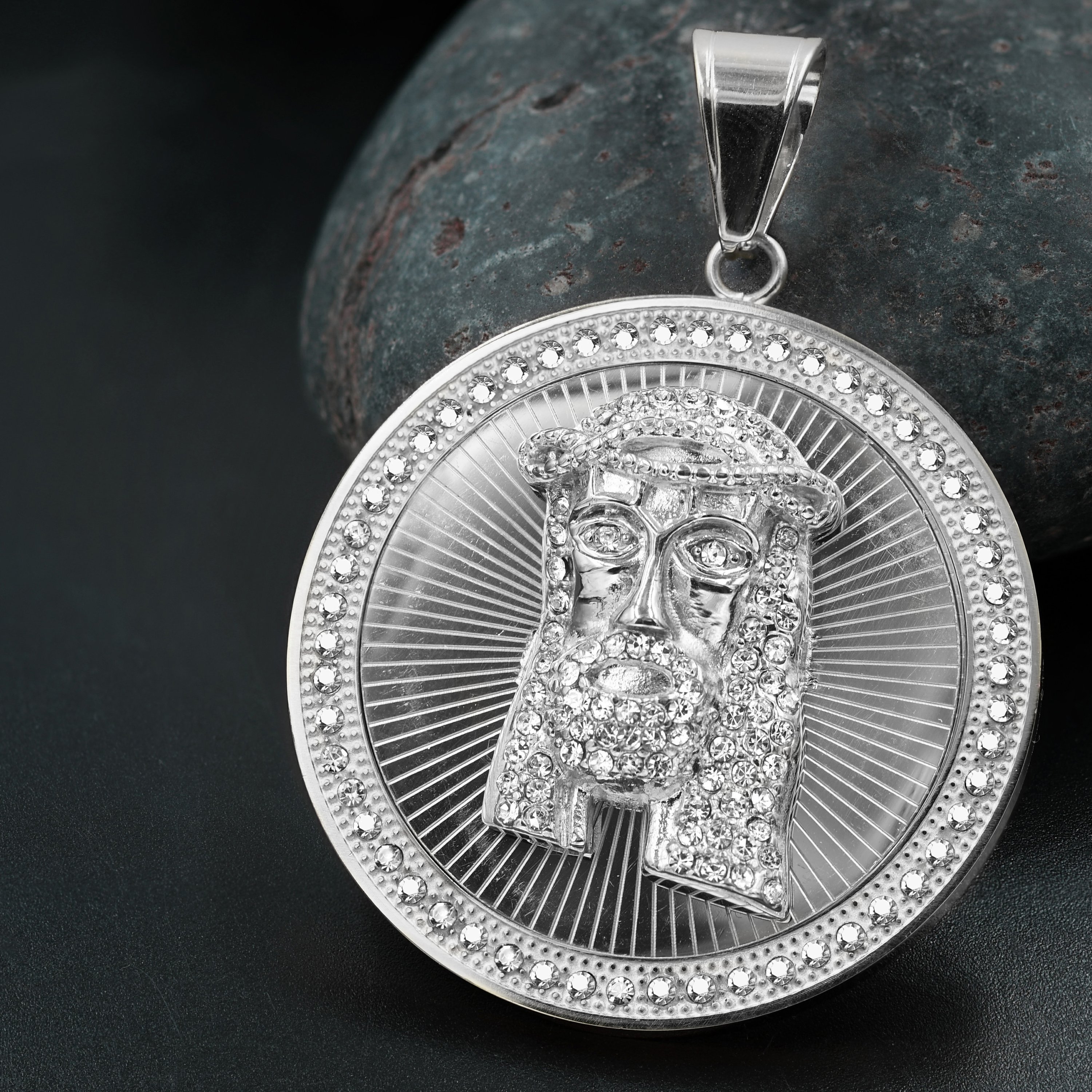 EXALTED Steel Pendant featuring stainless steel and cubic zirconia stones, showcasing a sleek and modern design.