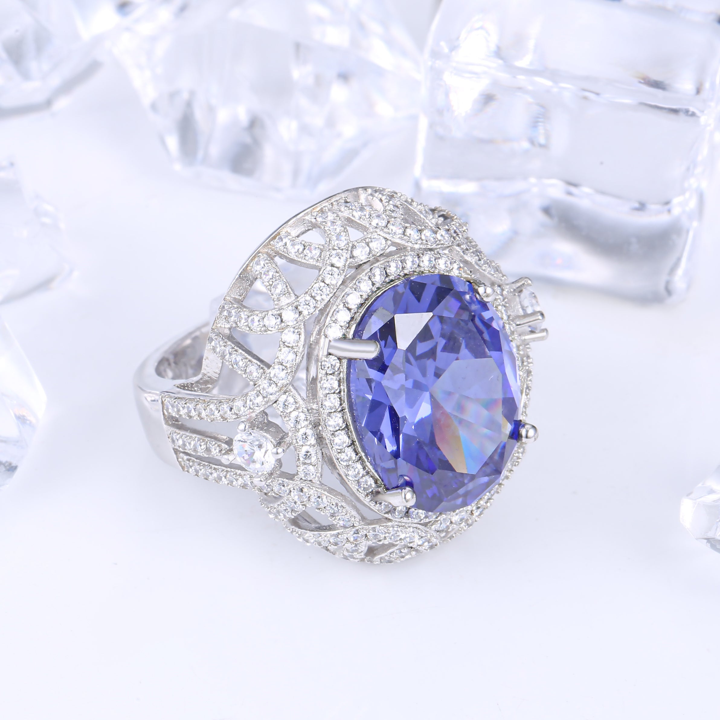 Excellent cut tanzanite luxury ring in 925 sterling silver with white gold finish, featuring a stunning Lachouette gemstone.