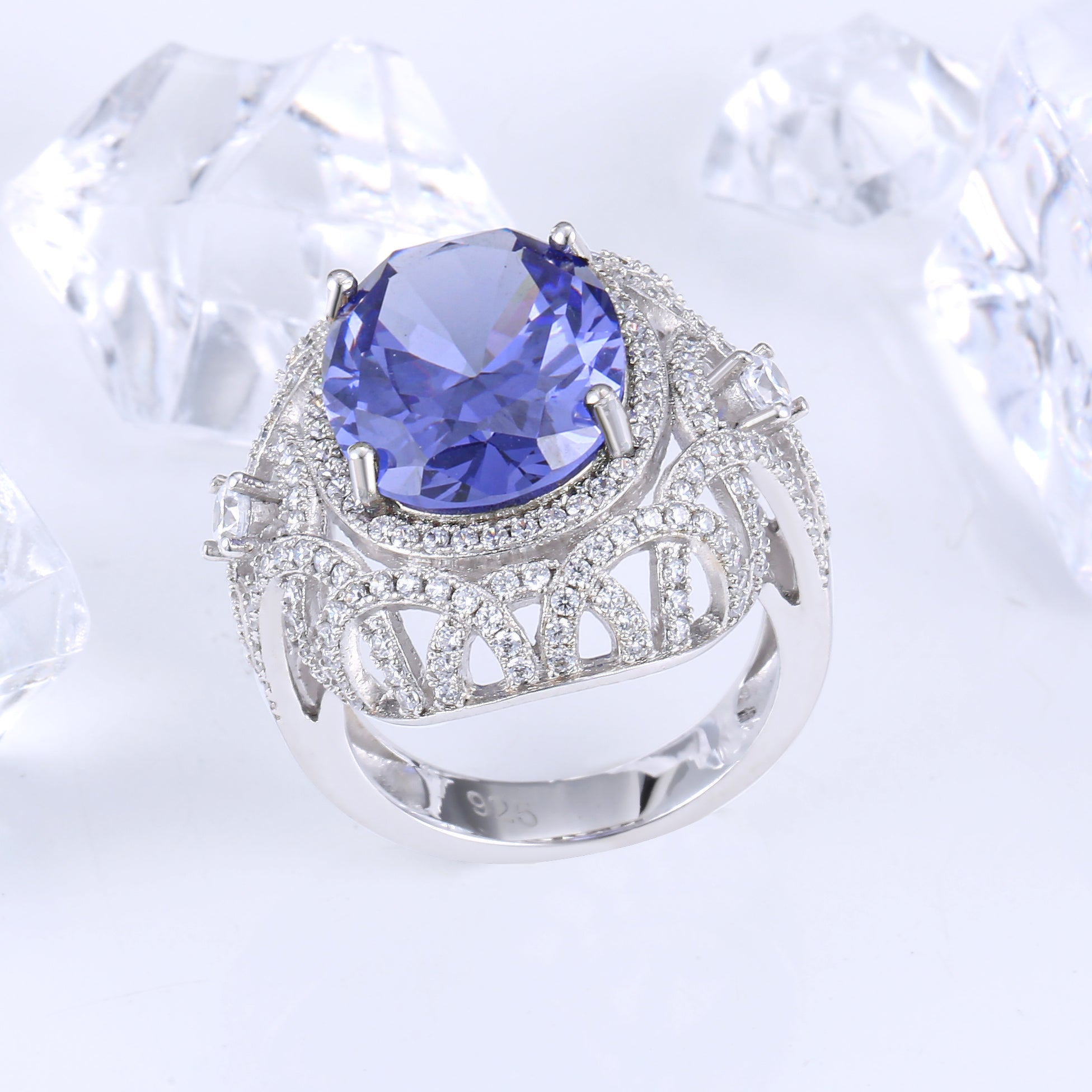 Excellent cut tanzanite luxury ring in 925 sterling silver with white gold finish, featuring a stunning Lachouette gemstone.