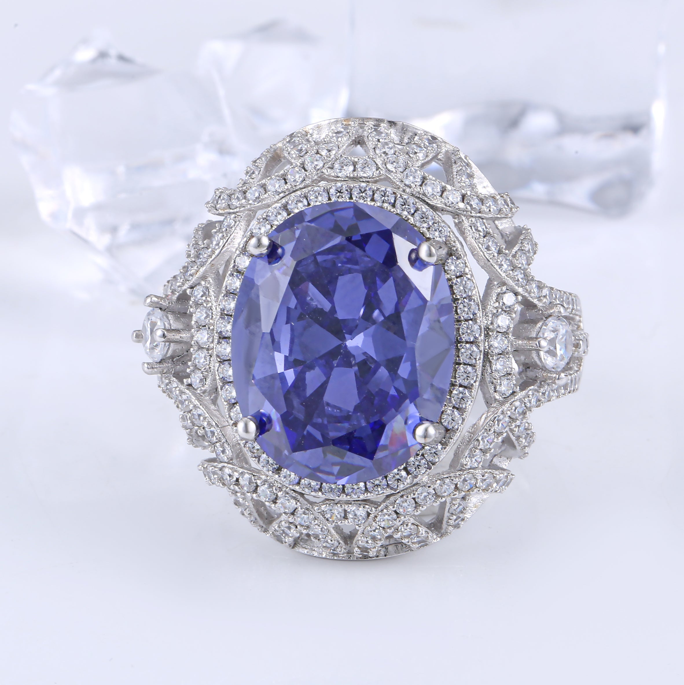 Excellent cut tanzanite luxury ring in 925 sterling silver with white gold finish, featuring a stunning Lachouette gemstone.