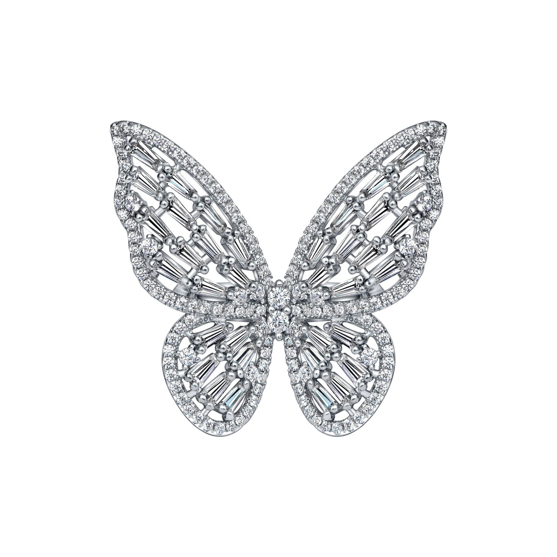 A beautifully crafted butterfly ring made of 925 sterling silver with a white gold finish, showcasing exquisite workmanship.