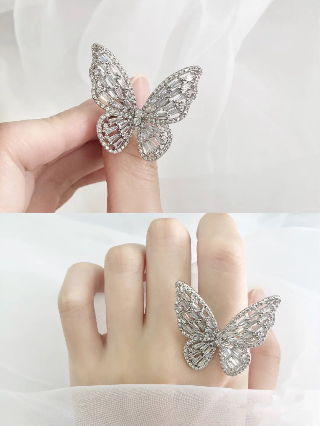 A beautifully crafted butterfly ring made of 925 sterling silver with a white gold finish, showcasing exquisite workmanship.