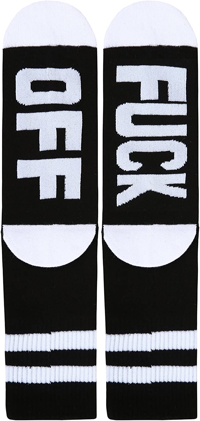 A pair of black knitted socks with white letters spelling 'F** Off', showcasing a humorous and casual design.