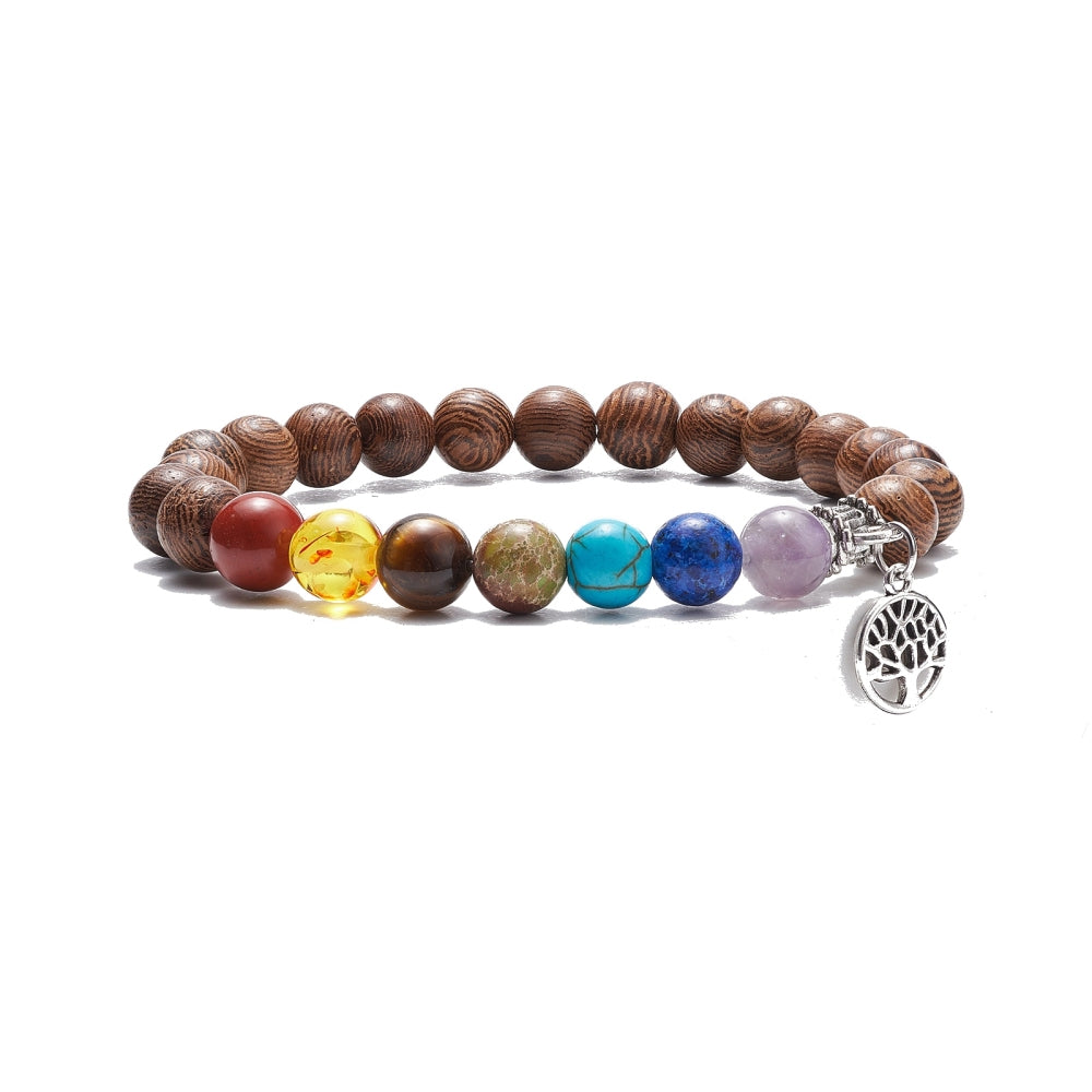 Family Tree Chakra Beaded Stretch Bracelet featuring colorful chakra beads on a brown kraft packaging tag.