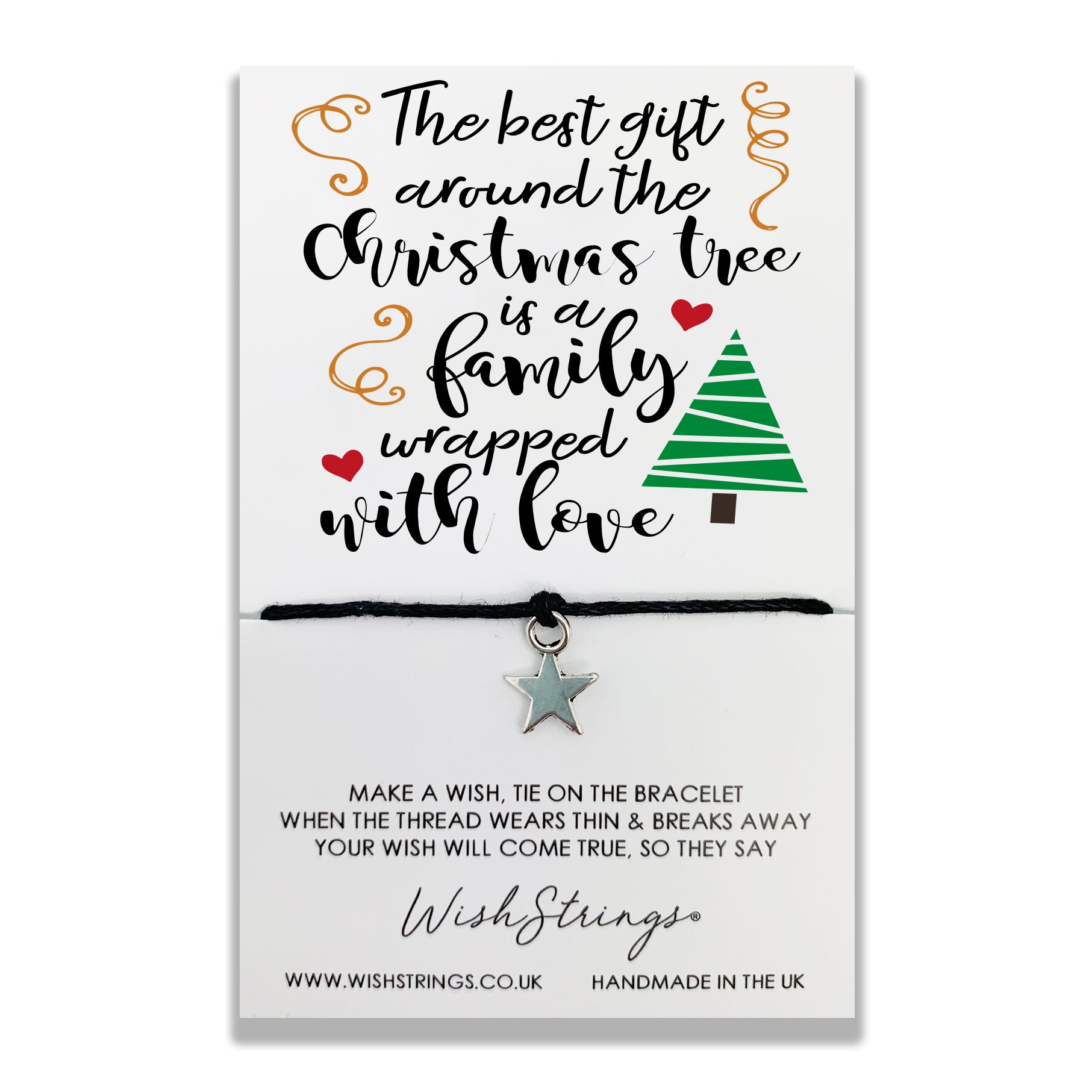 A FAMILY WRAPPED WITH LOVE WishStrings Wish Bracelet featuring a Tibetan Silver charm on a waxed cotton cord, beautifully presented on an inspirational display card.