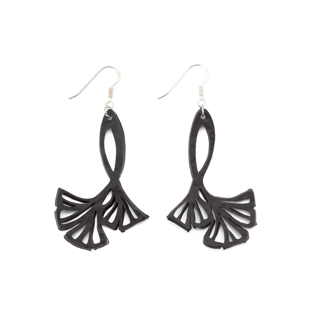 Handcrafted Fan Leaf Recycle Rubber Clover Earrings made from reclaimed rubber, featuring a four-leaf design symbolizing faith, hope, love, and luck.