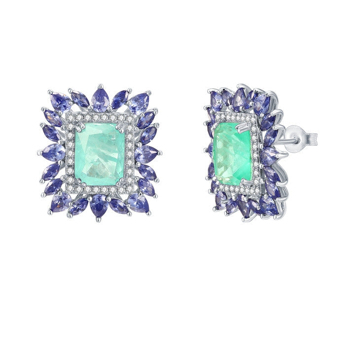 Elegant Fancy Square Earrings made of 925 sterling silver with white gold finish and adorned with white sapphire and paraiba stones.