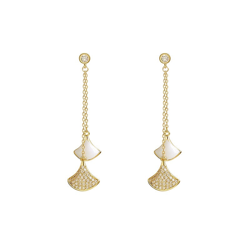 Elegant fanshaped drop earrings made of alloy and 925 silver, showcasing intricate design and craftsmanship.