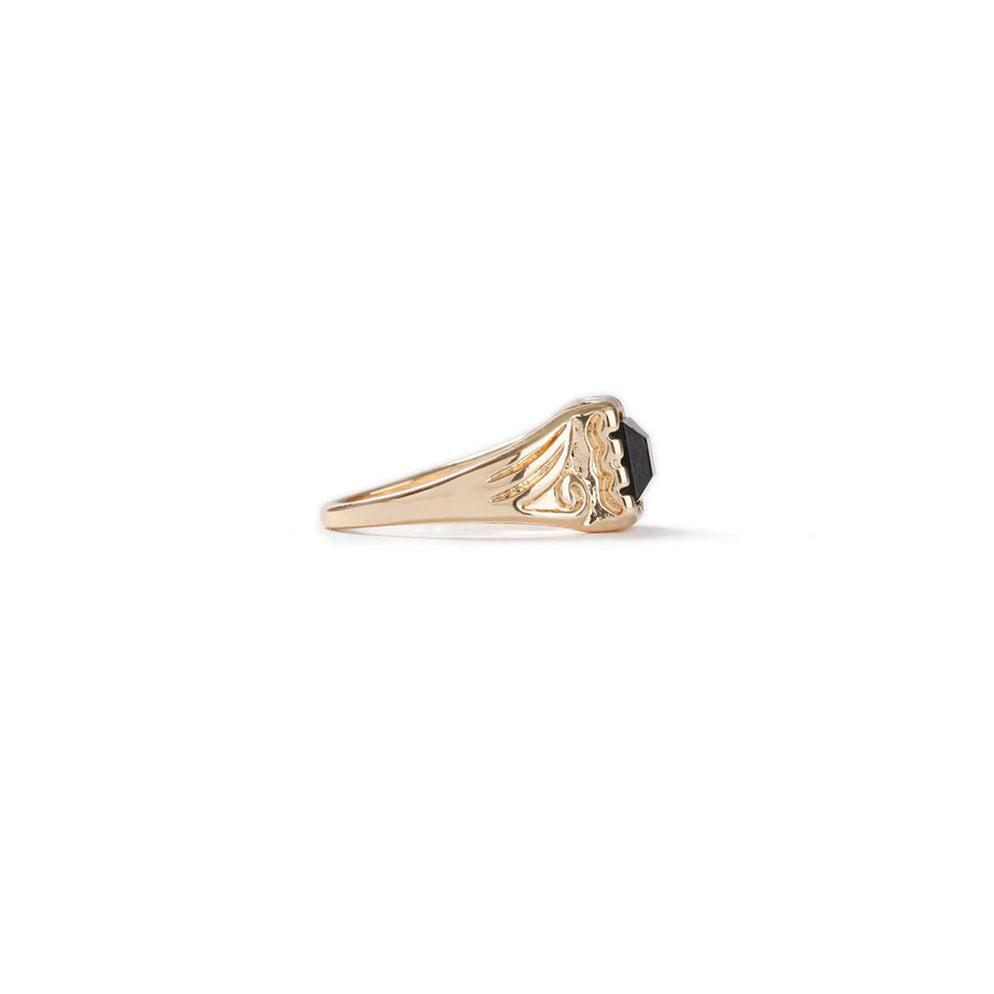 14K Gold Plated Black Gem Braided Center Piece Ring, featuring a black crystal stone and elegant design.