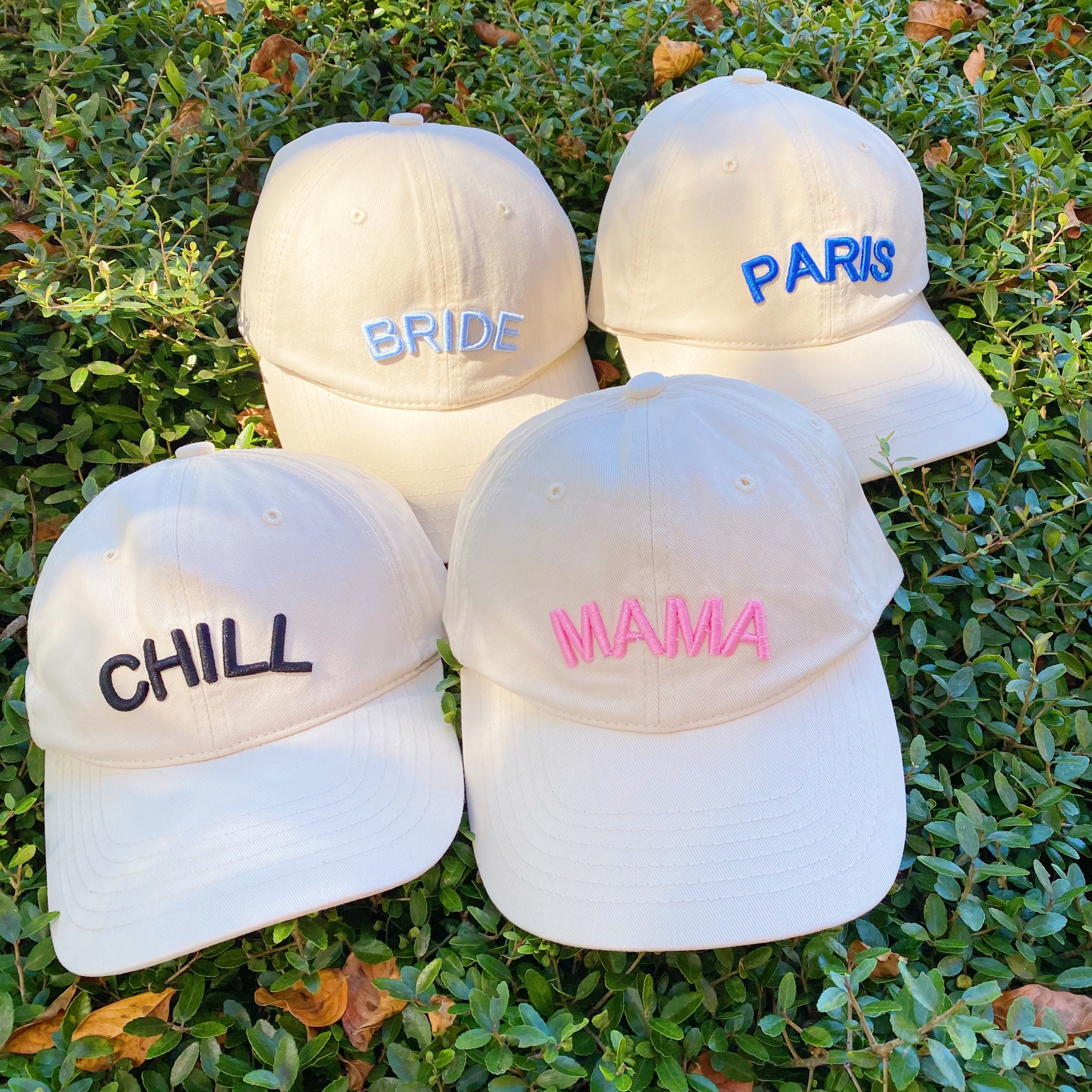 Favorite Word Cotton Ball Cap featuring 3D embroidery, adjustable strap, and curved brim, made from high-quality cotton.