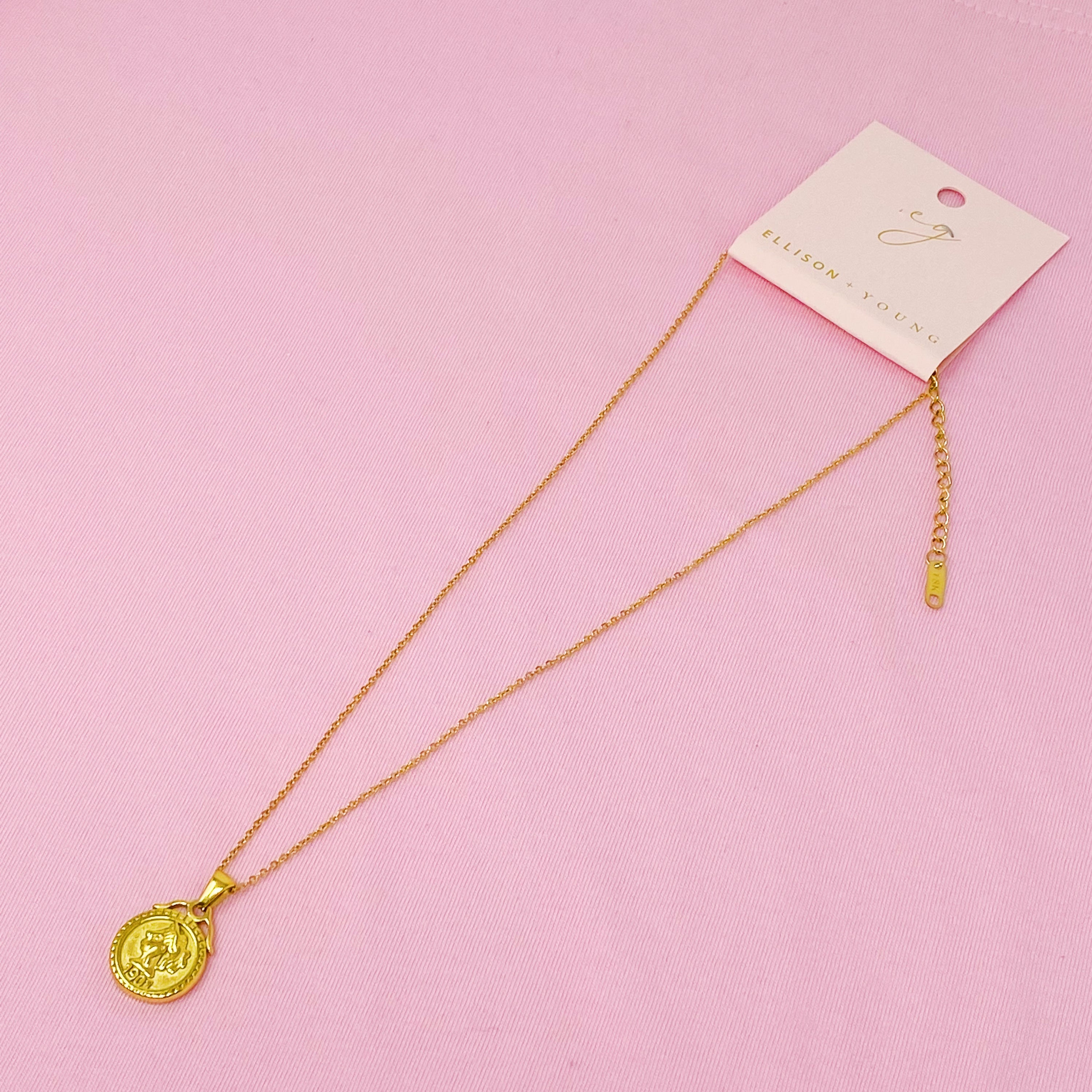 Feminine Coined Necklace featuring a detailed coin pendant with a female silhouette, crafted in 18K gold plated stainless steel.