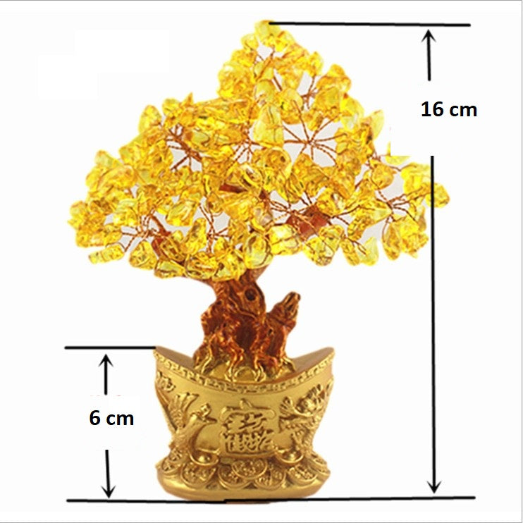 A beautiful Feng Shui Citrine Money Tree with crystal leaves and a golden money bag base, symbolizing wealth and prosperity.