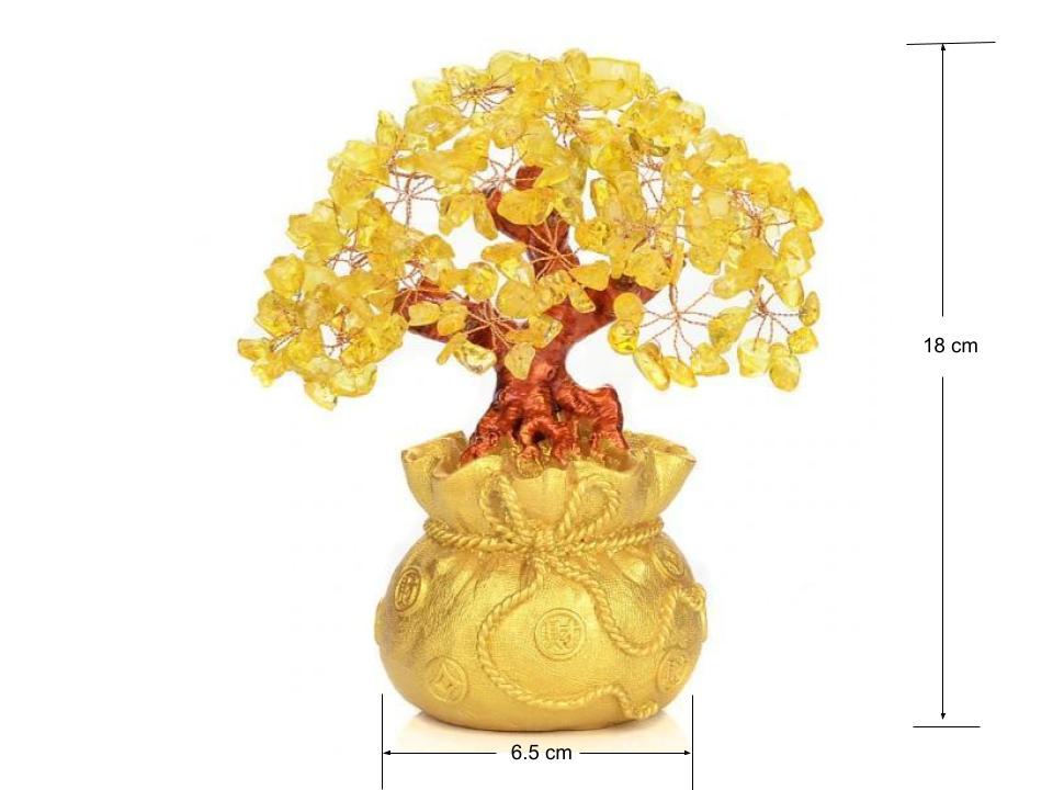 A beautiful Feng Shui Citrine Money Tree with crystal leaves and a golden money bag base, symbolizing wealth and prosperity.