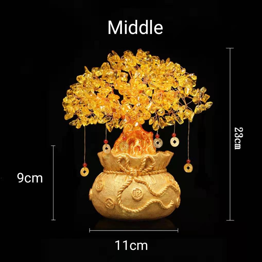 A beautiful Feng Shui Citrine Money Tree with crystal leaves and a golden money bag base, symbolizing wealth and prosperity.