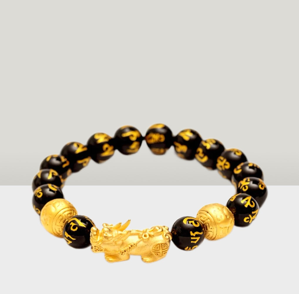 Feng Shui Pi Xiu Black Obsidian Wealth Bracelet with 10mm beads, showcasing its elegant design and deep black color.