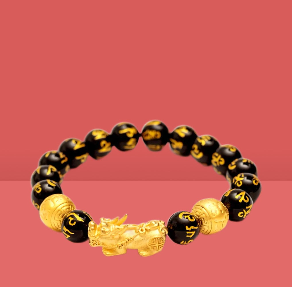 Feng Shui Pi Xiu Black Obsidian Wealth Bracelet with 10mm beads, showcasing its elegant design and deep black color.