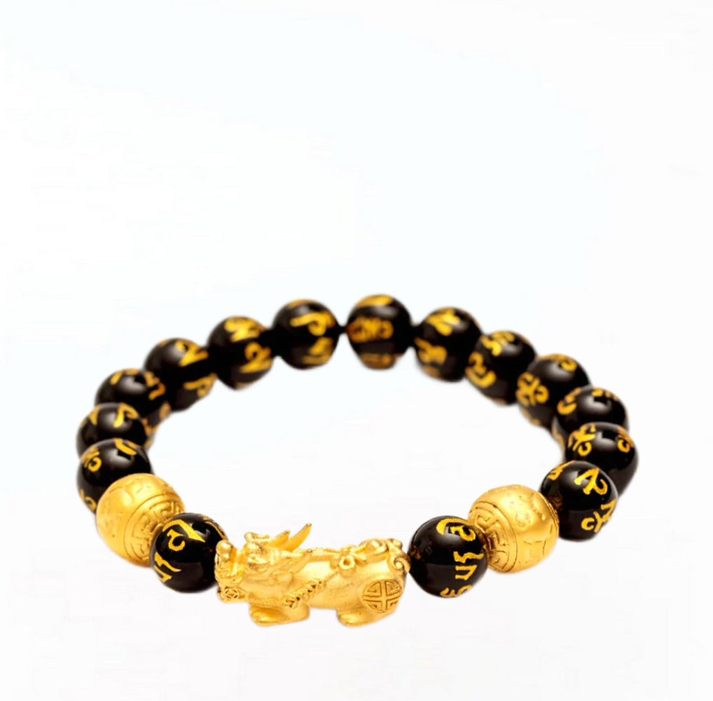 Feng Shui Pi Xiu Black Obsidian Wealth Bracelet with 10mm beads, showcasing its elegant design and deep black color.