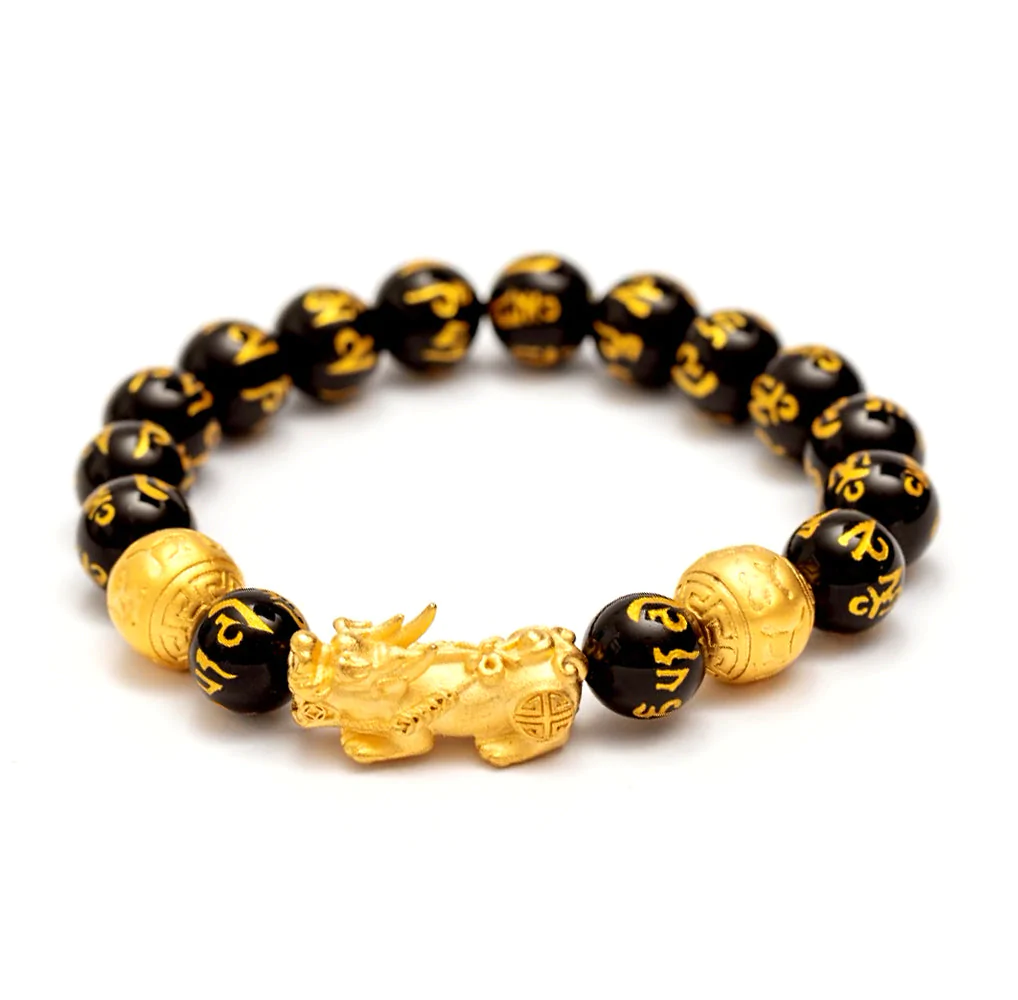 Feng Shui Pi Xiu Black Obsidian Wealth Bracelet with 10mm beads, showcasing its elegant design and deep black color.