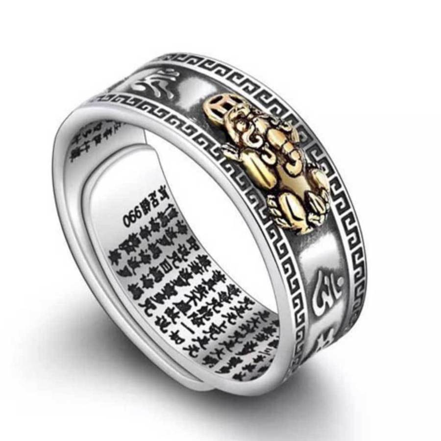 Feng Shui Pixiu Wealth & Protection Ring featuring intricate design and sacred mantra engraving.