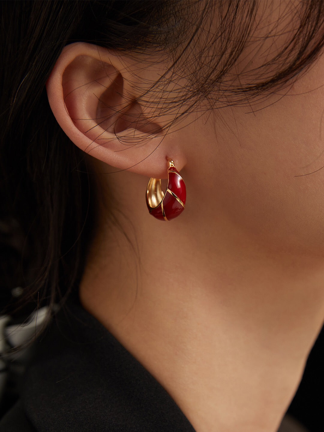 Festive Red Glazed Hoops Earrings featuring a vibrant red glaze and gold vermeil finish, elegantly handcrafted for a unique look.