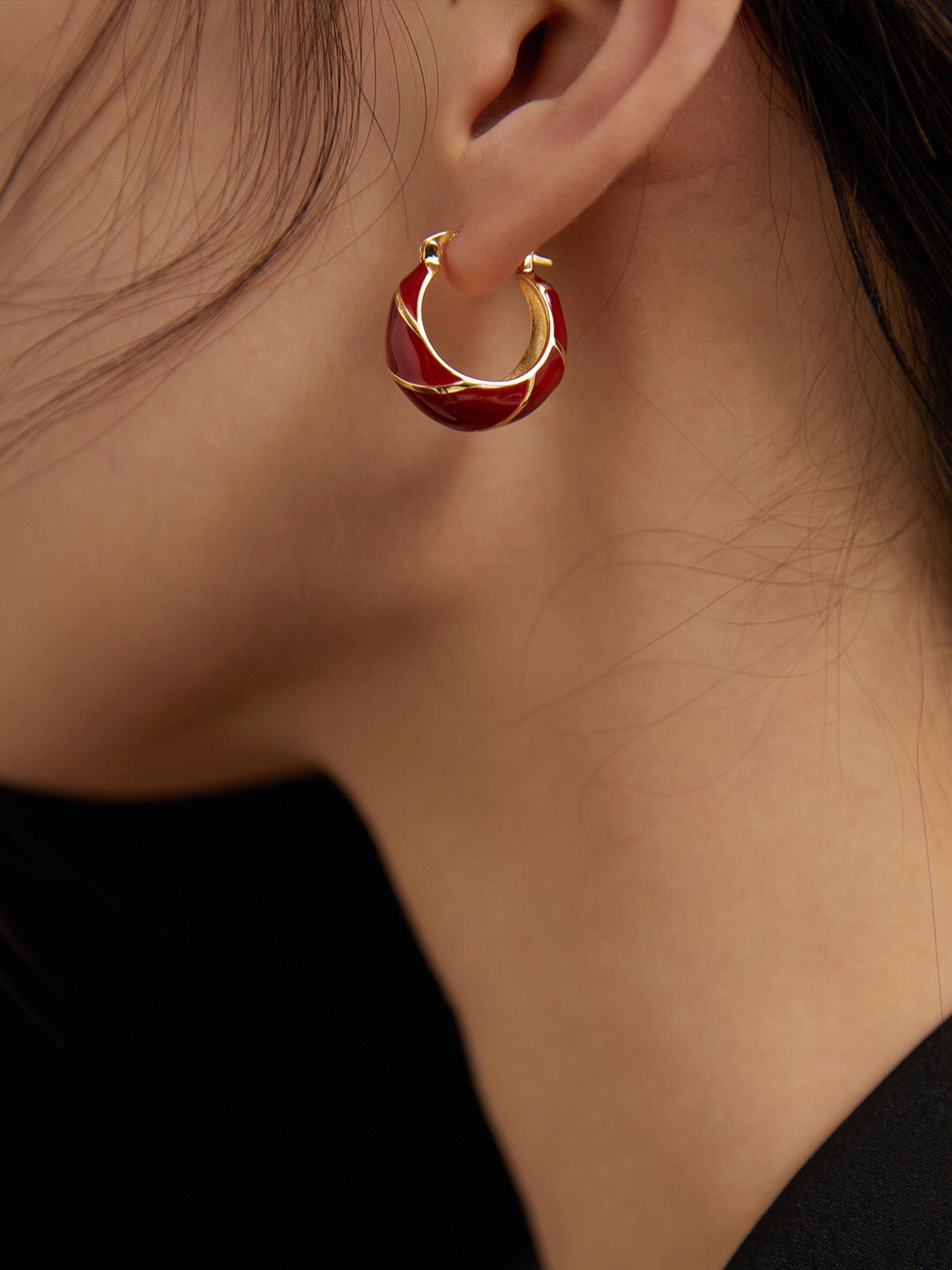 Festive Red Glazed Hoops Earrings featuring a vibrant red glaze and gold vermeil finish, elegantly handcrafted for a unique look.