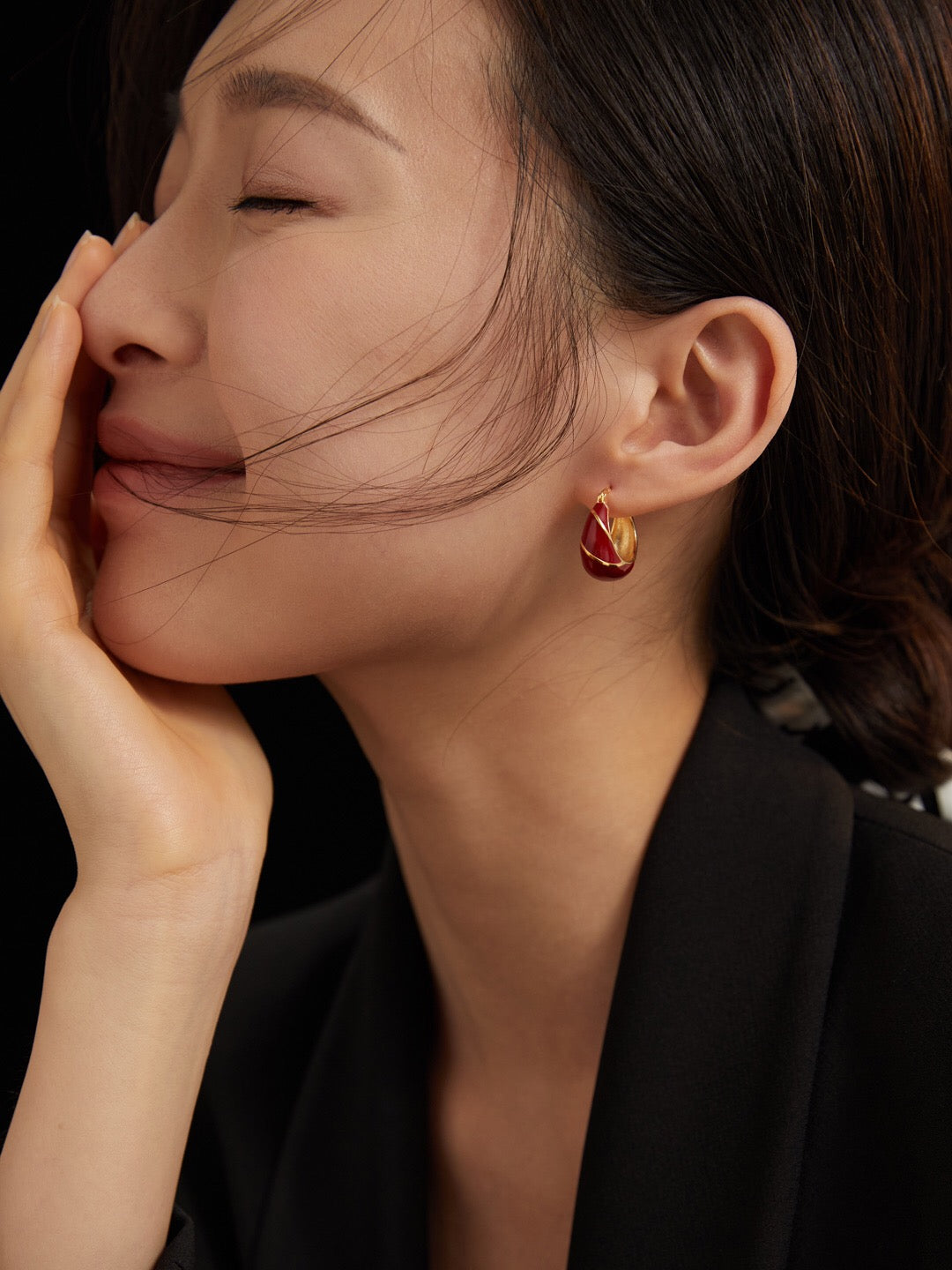 Festive Red Glazed Hoops Earrings featuring a vibrant red glaze and gold vermeil finish, elegantly handcrafted for a unique look.