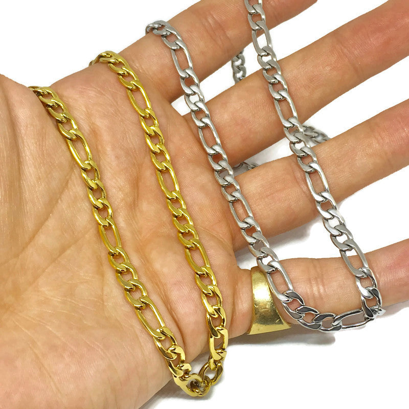 A stylish Figaro Chain Link Necklace made of stainless steel, featuring a 4.5mm width and 50cm length, available in multiple colors.