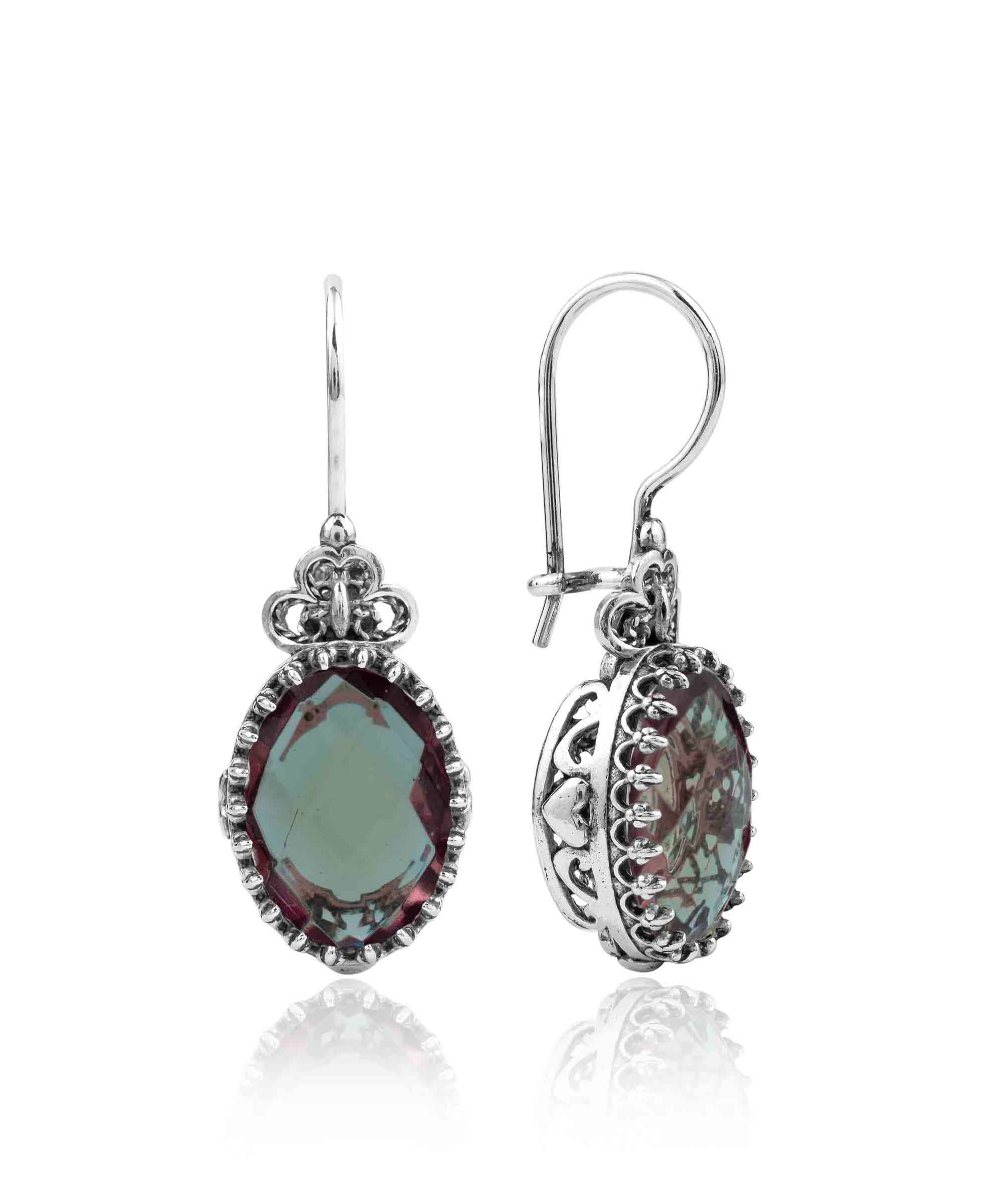 Elegant 925 sterling silver drop earrings featuring intricate filigree heart design and double-sided oval cut alexandrite gemstone.