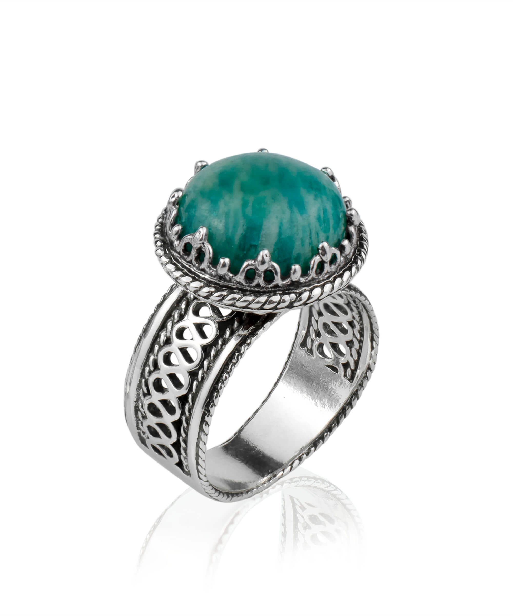 Elegant sterling silver filigree cocktail ring featuring a round 12 mm Amazonite gemstone, showcasing intricate metalwork.