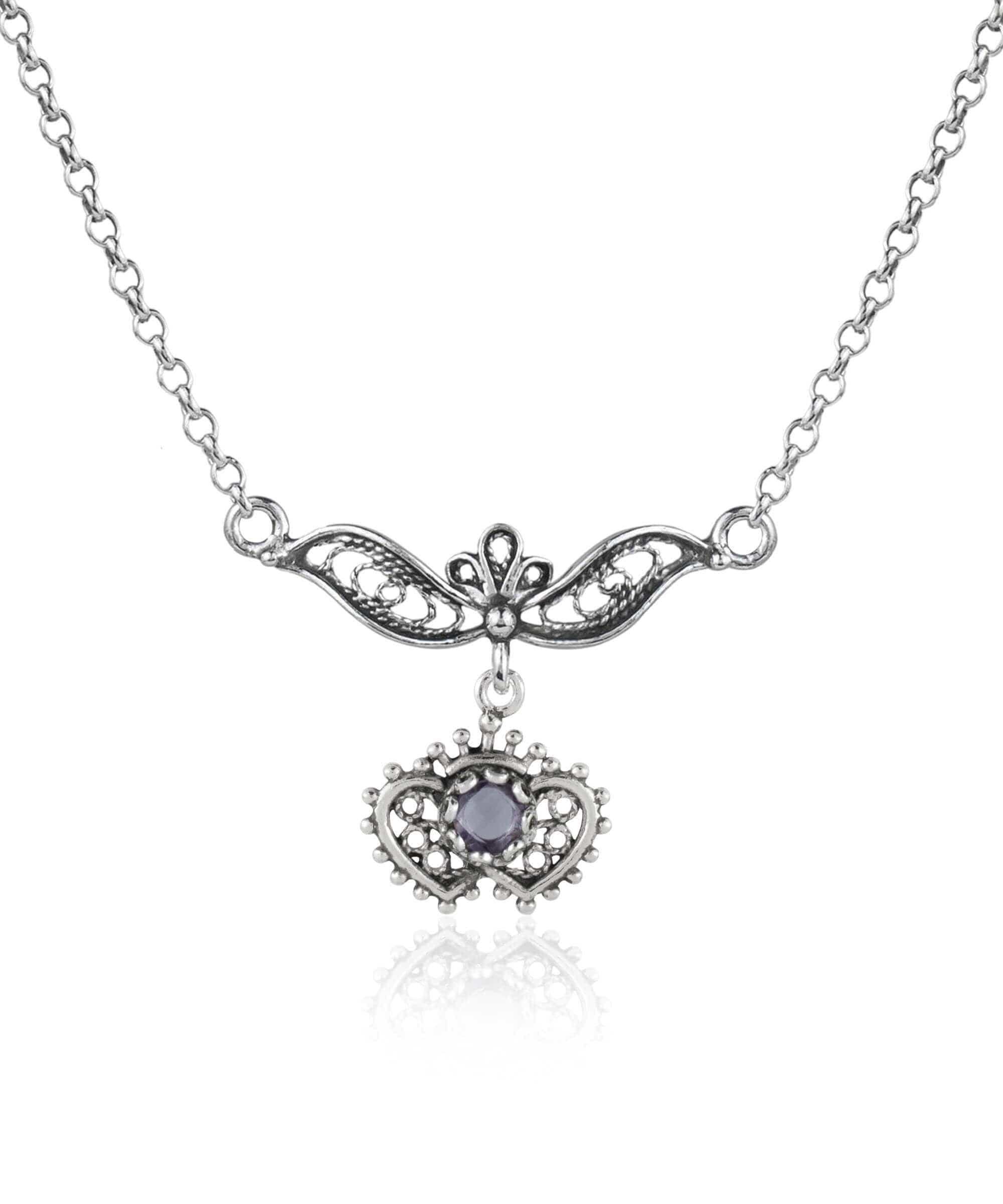 Sterling silver filigree choker necklace featuring amethyst and blue topaz gemstones in a heart to heart design.