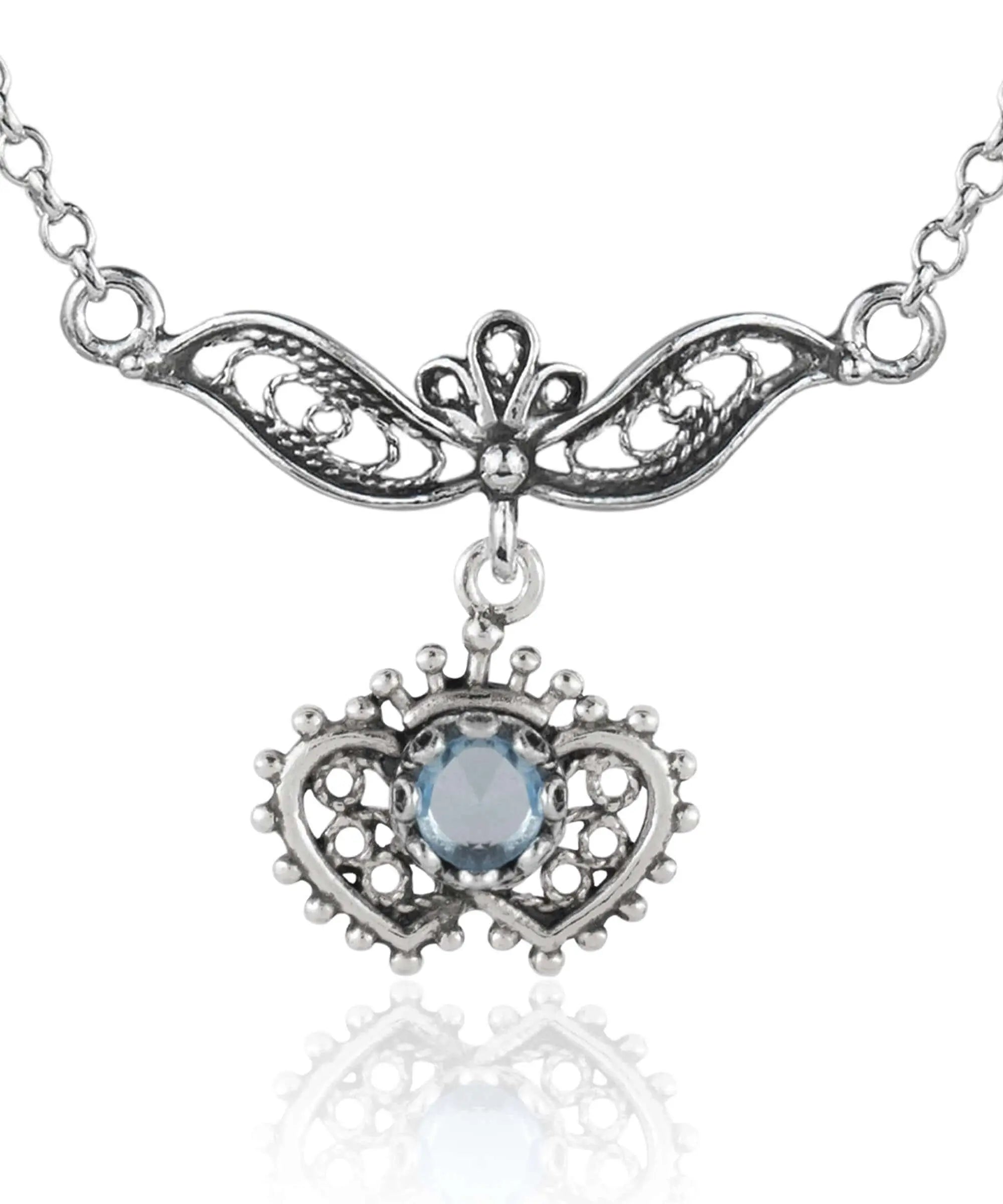 Sterling silver filigree choker necklace featuring amethyst and blue topaz gemstones in a heart to heart design.