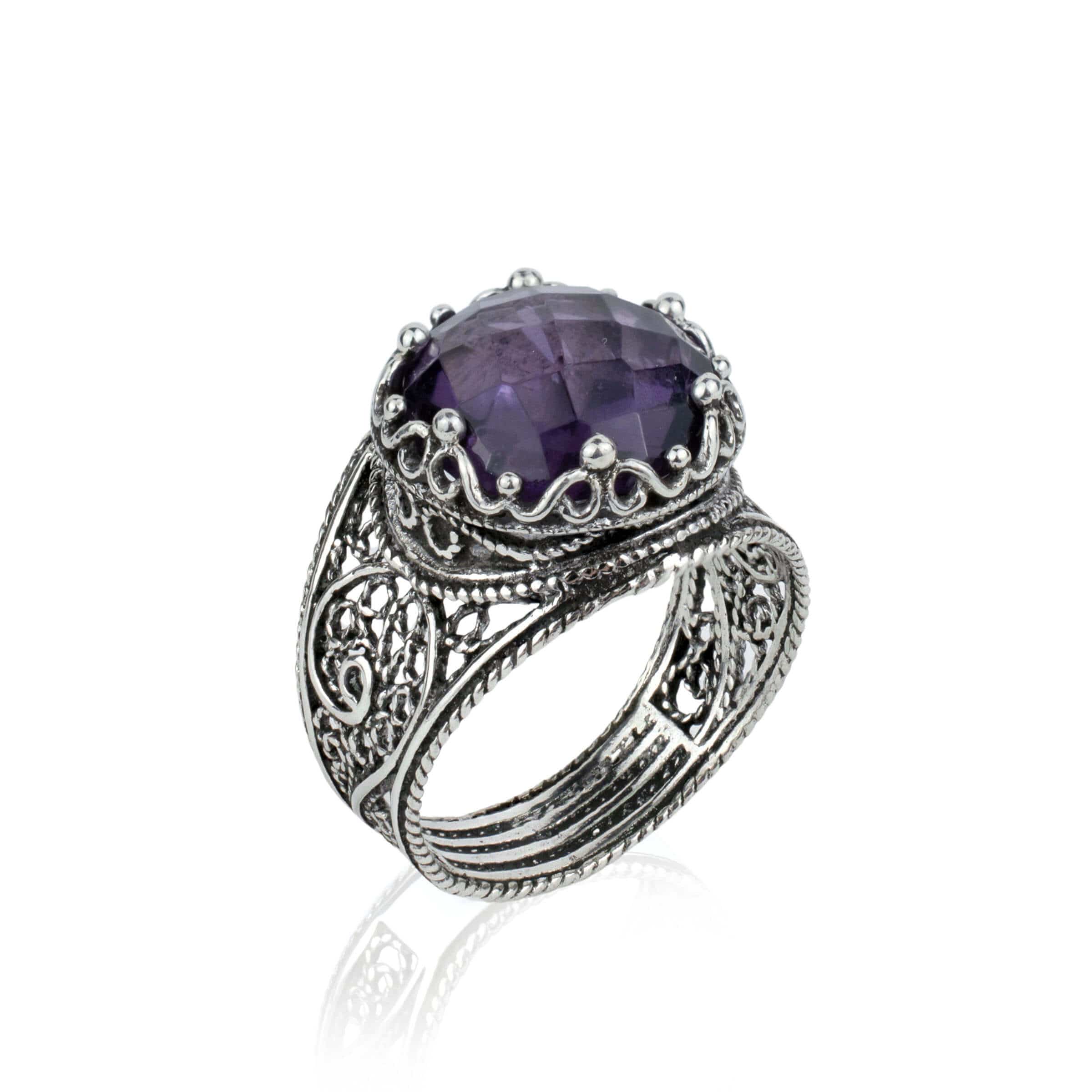 Handmade Filigree Art Amethyst Gemstone Crown Design Silver Ring featuring intricate filigree work and a stunning 12mm Amethyst gemstone.