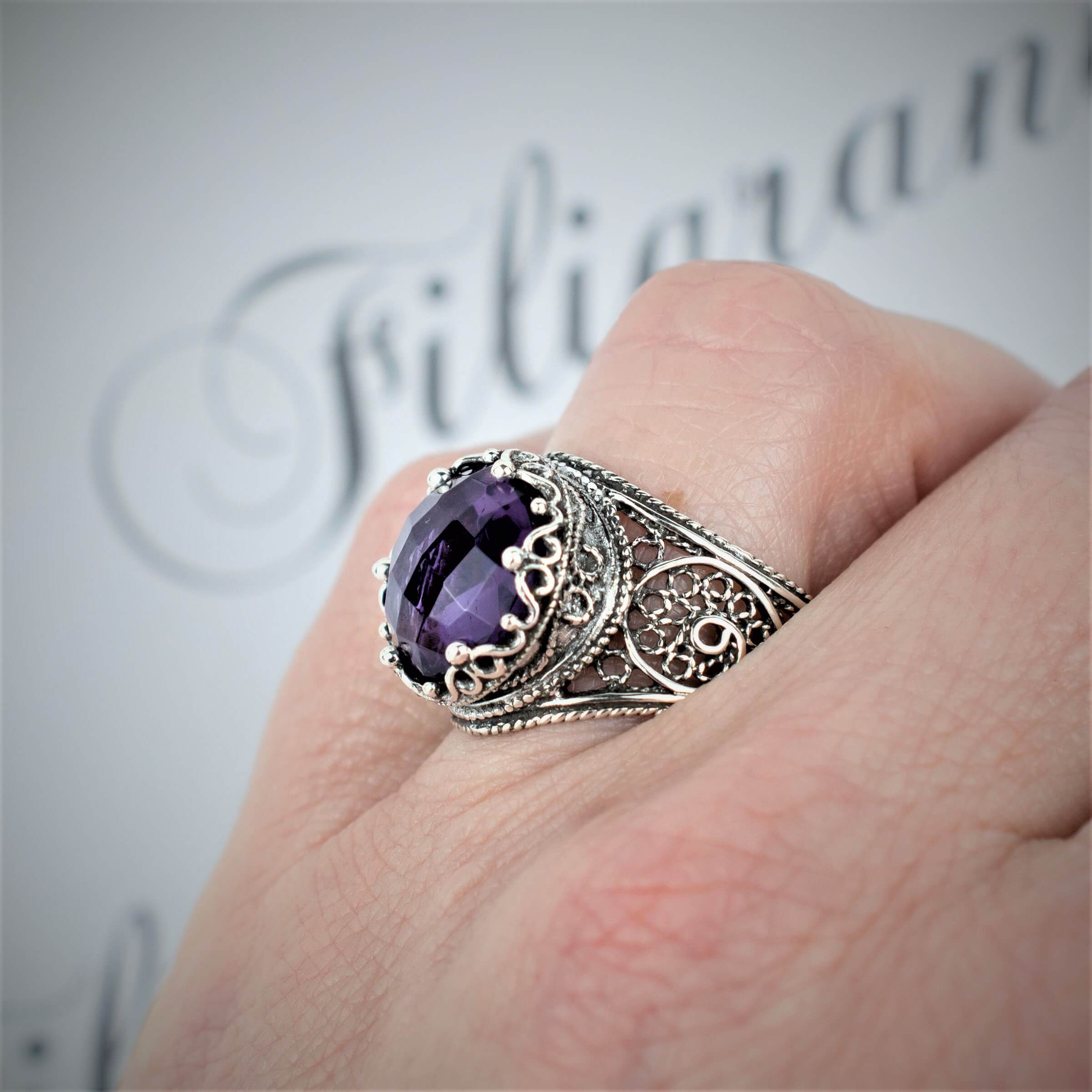 Handmade Filigree Art Amethyst Gemstone Crown Design Silver Ring featuring intricate filigree work and a stunning 12mm Amethyst gemstone.