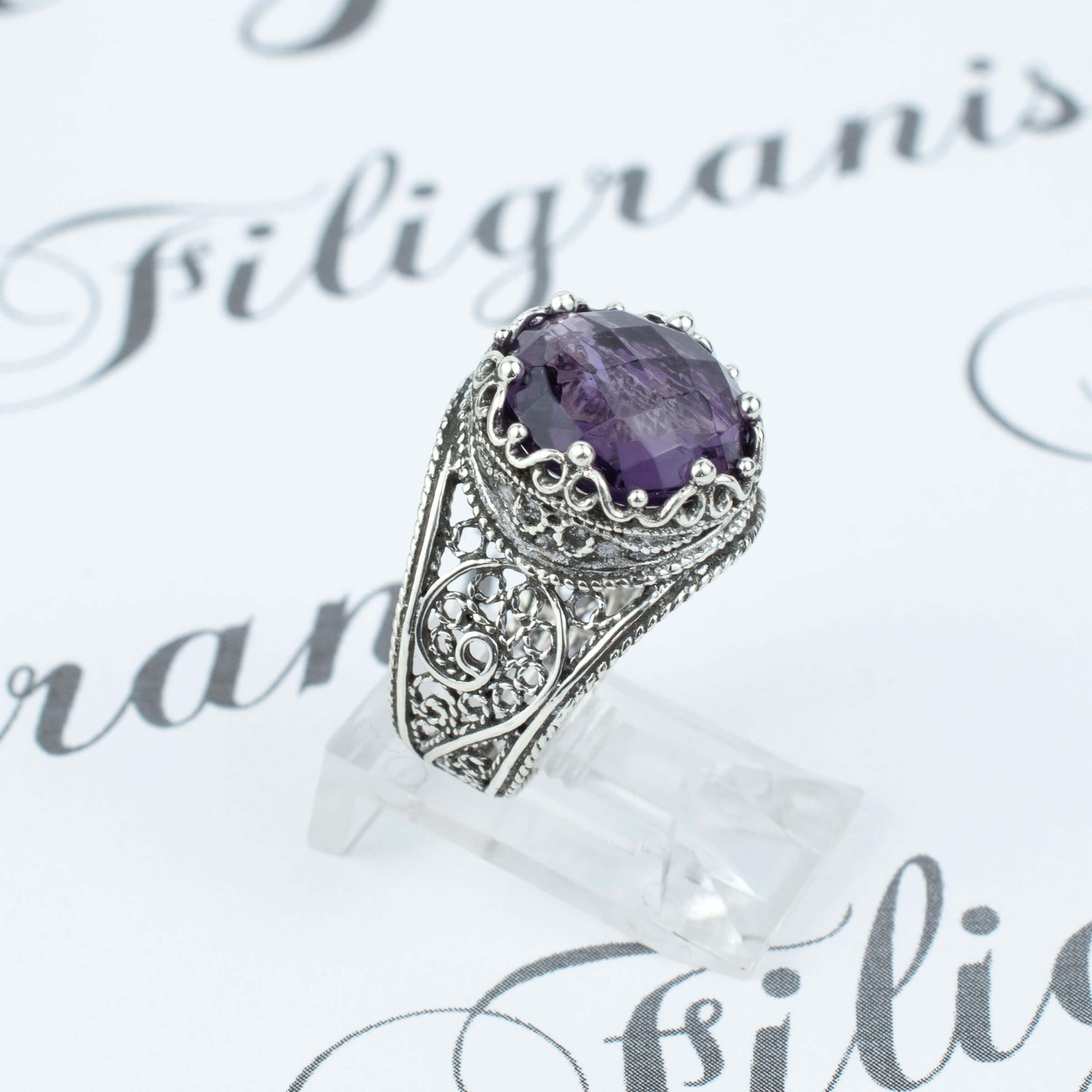 Handmade Filigree Art Amethyst Gemstone Crown Design Silver Ring featuring intricate filigree work and a stunning 12mm Amethyst gemstone.