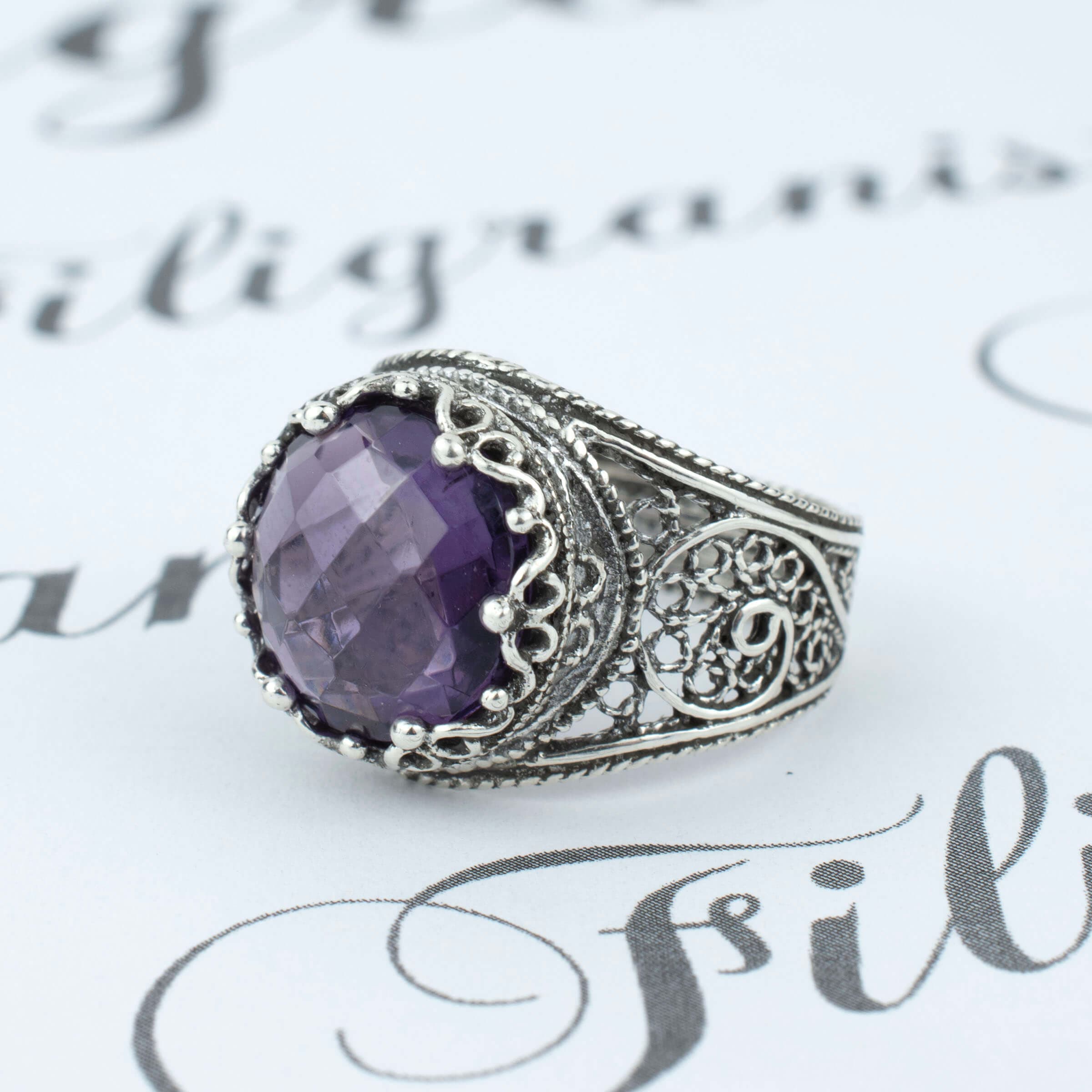 Handmade Filigree Art Amethyst Gemstone Crown Design Silver Ring featuring intricate filigree work and a stunning 12mm Amethyst gemstone.