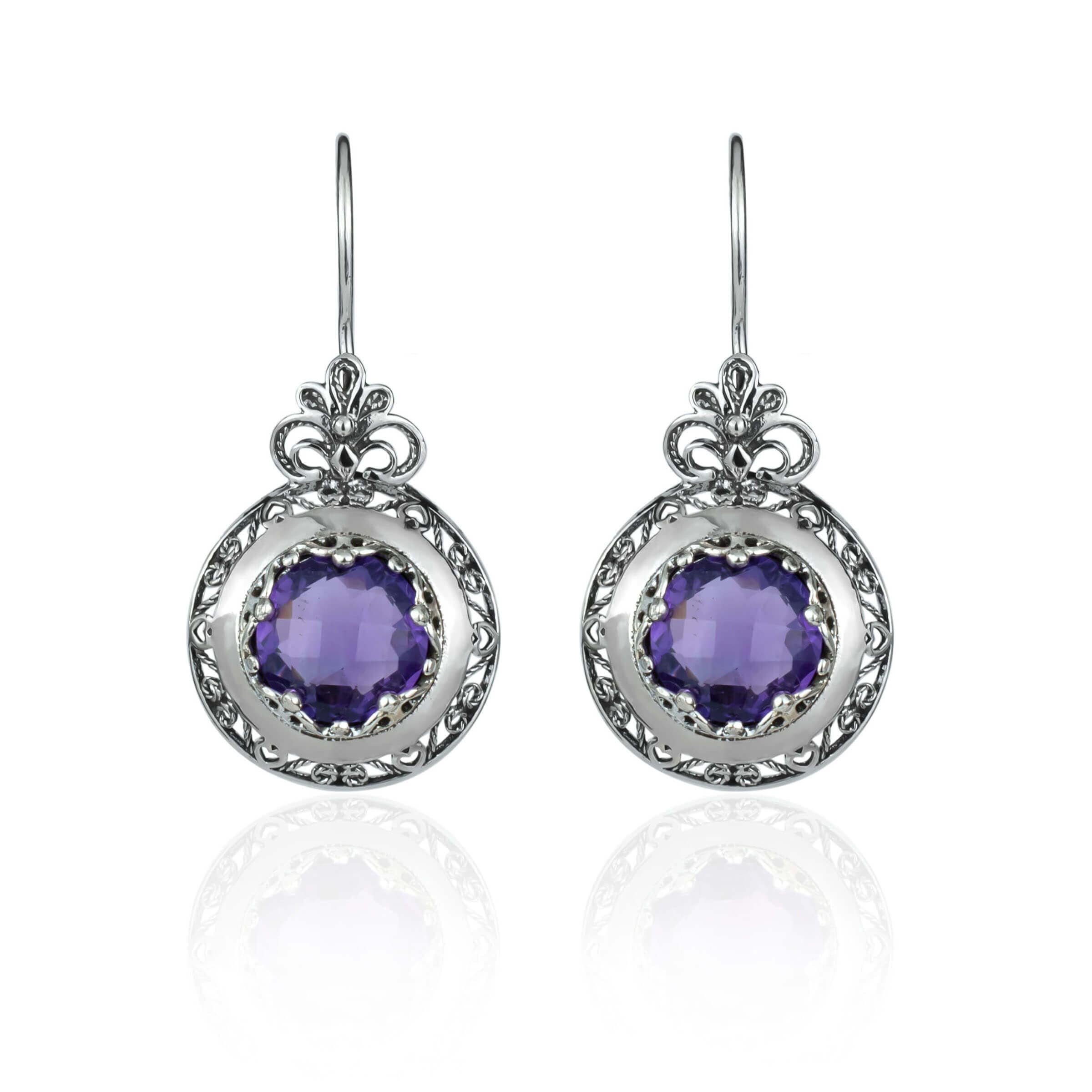 Handmade silver drop earrings featuring intricate filigree floral design and vibrant Amethyst gemstones, elegantly packaged.