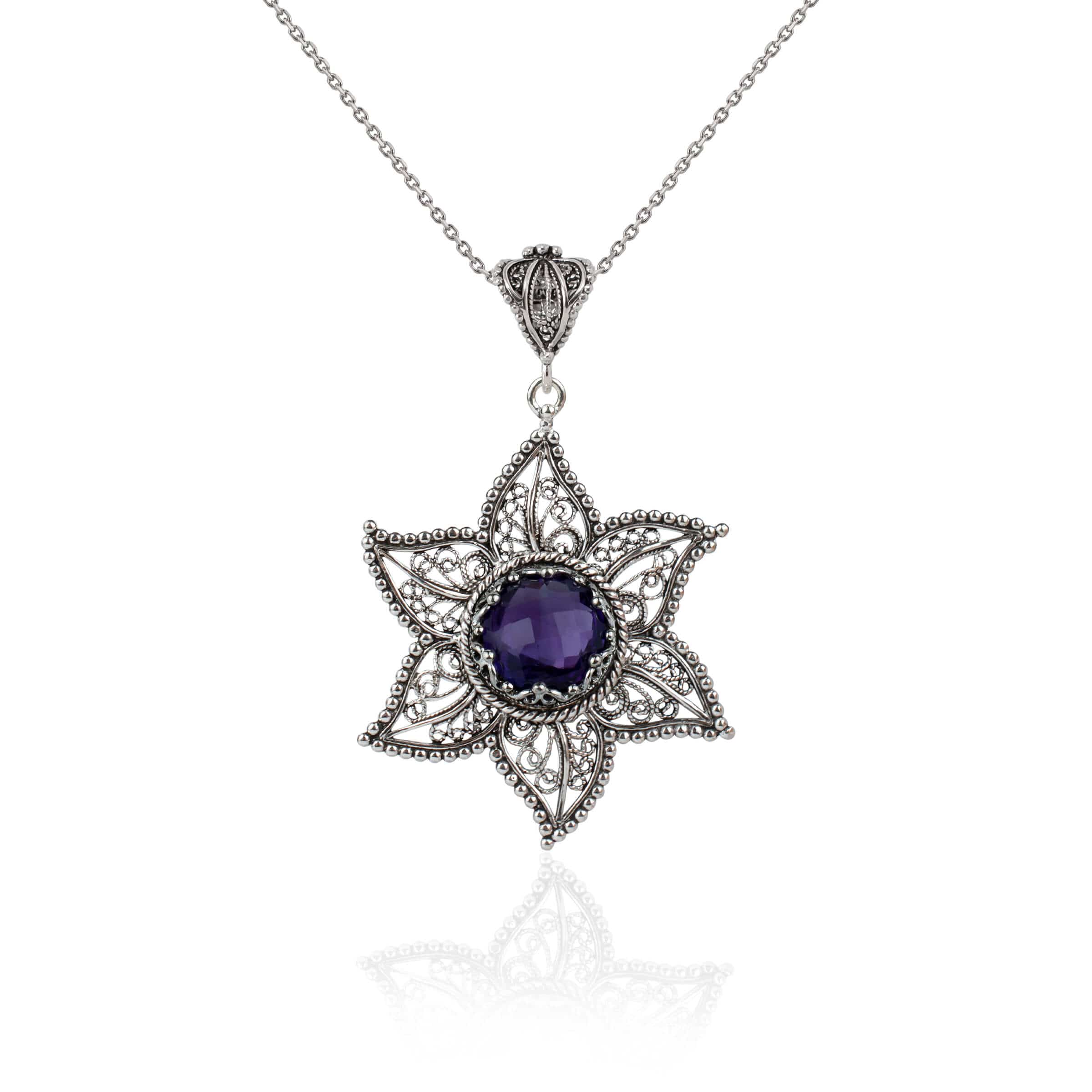 Sterling silver filigree pendant featuring a star design with a 10mm amethyst gemstone, showcasing intricate craftsmanship.