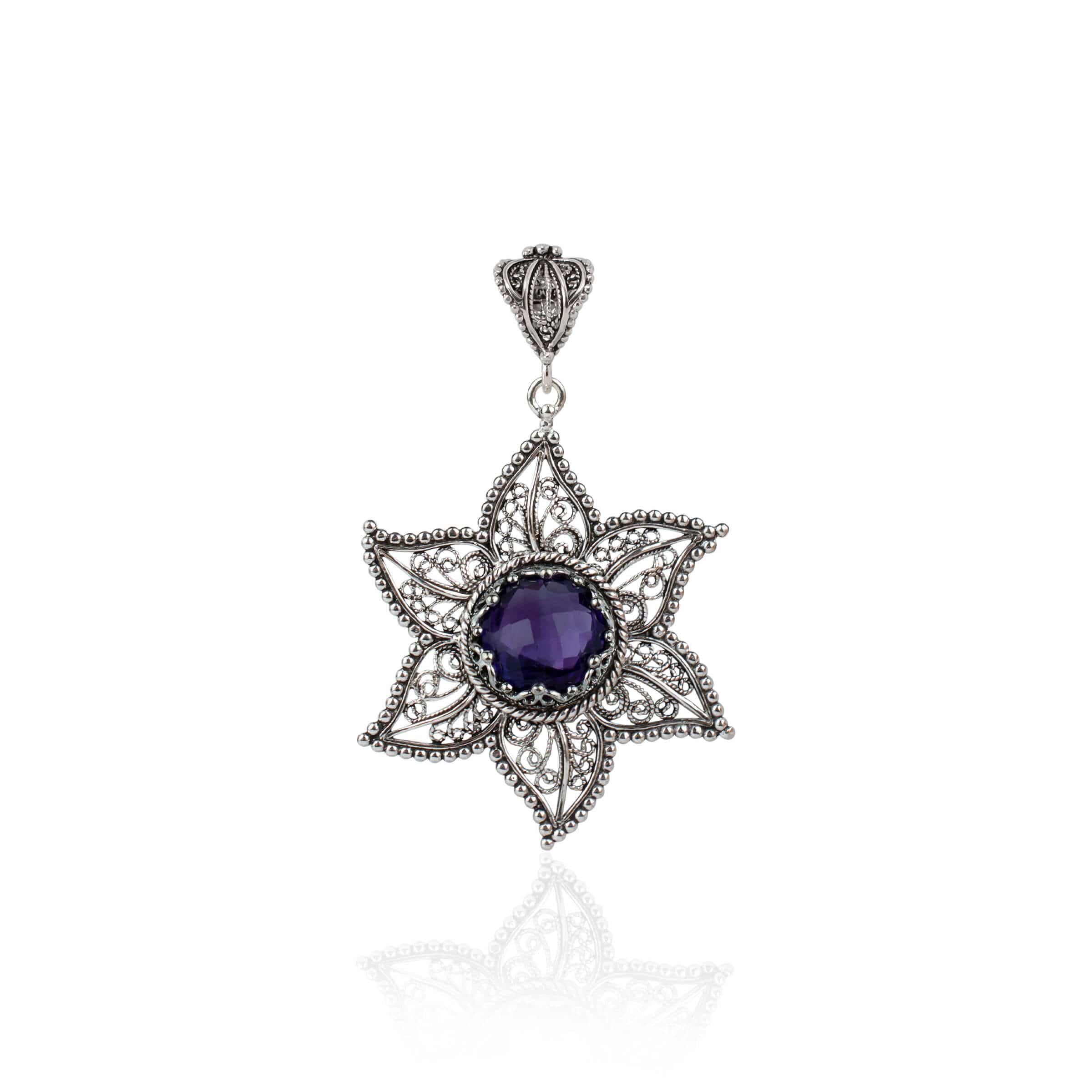 Sterling silver filigree pendant featuring a star design with a 10mm amethyst gemstone, showcasing intricate craftsmanship.