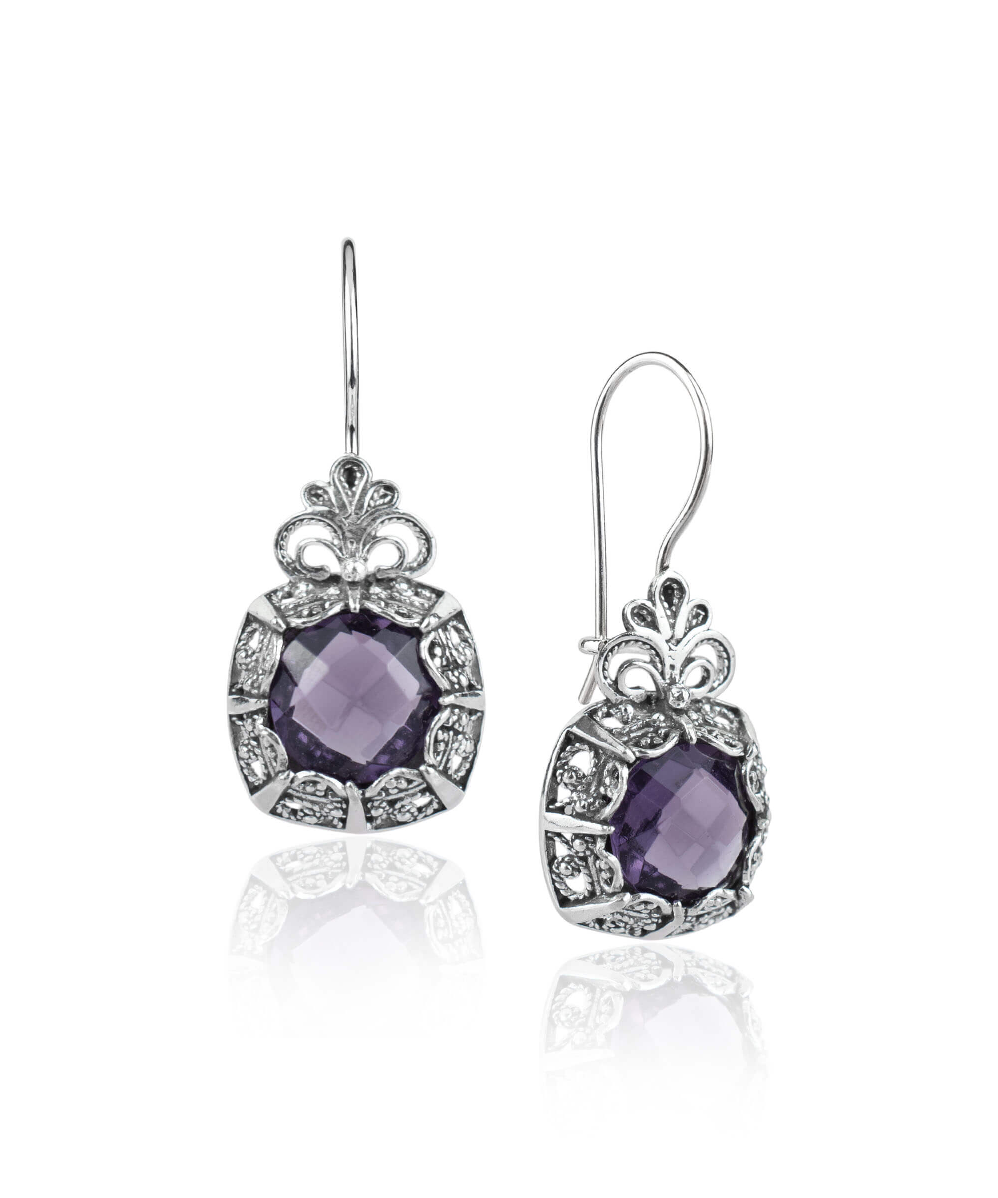 Elegant Filigree Art Amethyst Gemstone Silver Drop Earrings featuring intricate flower pattern and stunning purple Amethyst gemstone.