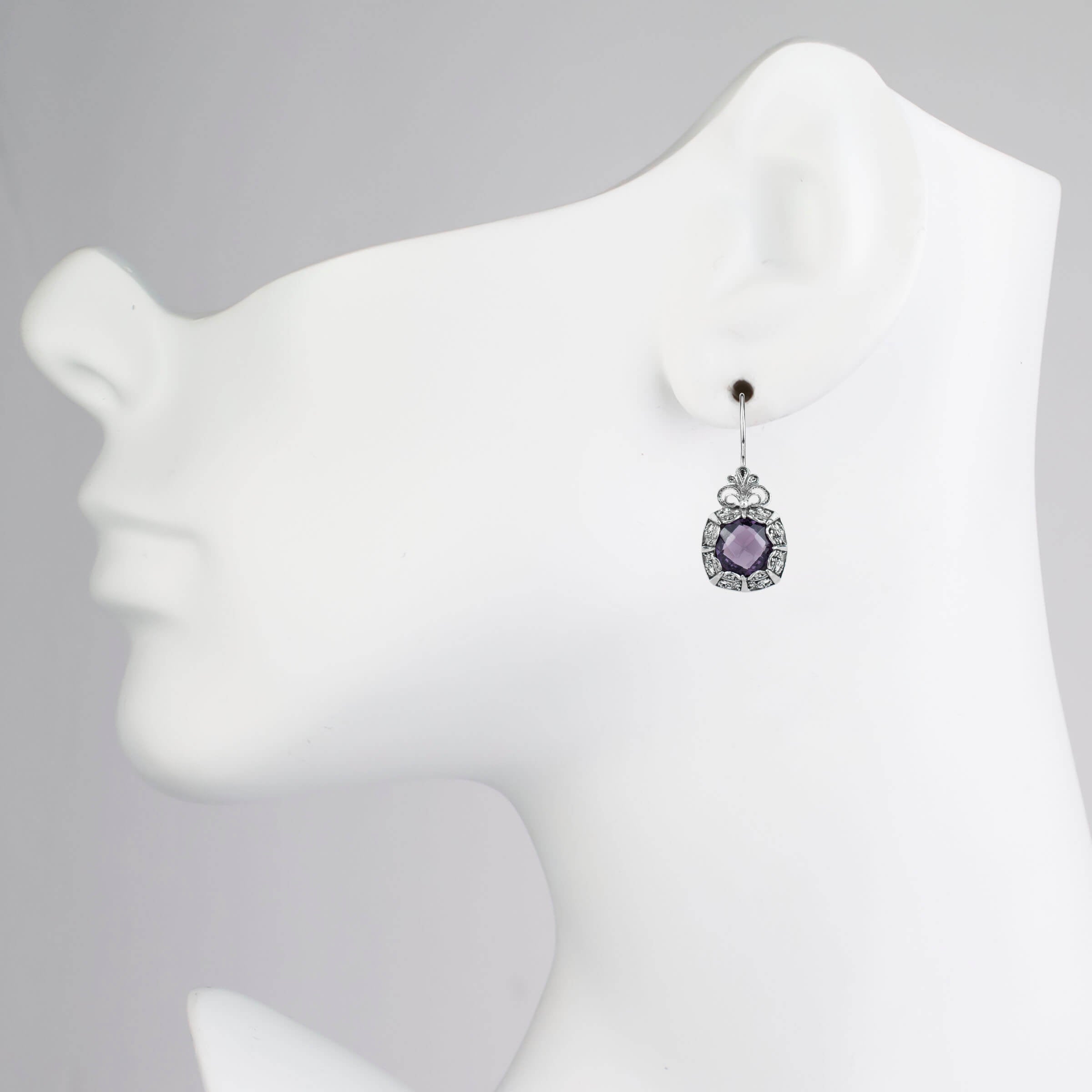 Elegant Filigree Art Amethyst Gemstone Silver Drop Earrings featuring intricate flower pattern and stunning purple Amethyst gemstone.