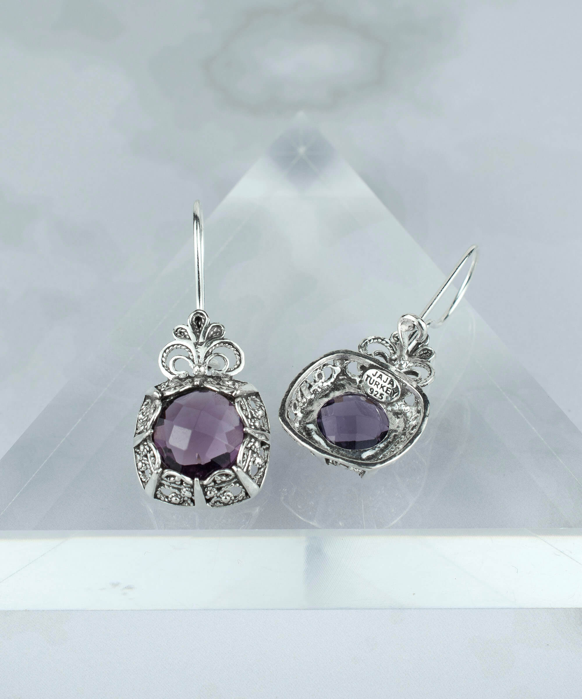 Elegant Filigree Art Amethyst Gemstone Silver Drop Earrings featuring intricate flower pattern and stunning purple Amethyst gemstone.