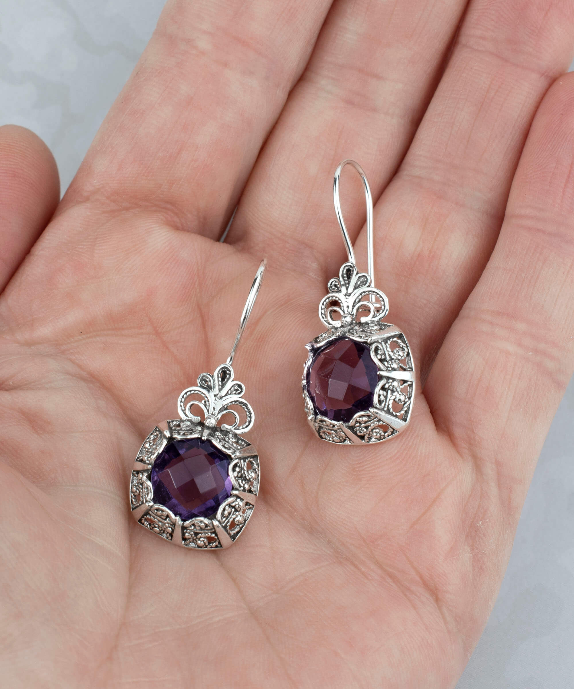 Elegant Filigree Art Amethyst Gemstone Silver Drop Earrings featuring intricate flower pattern and stunning purple Amethyst gemstone.