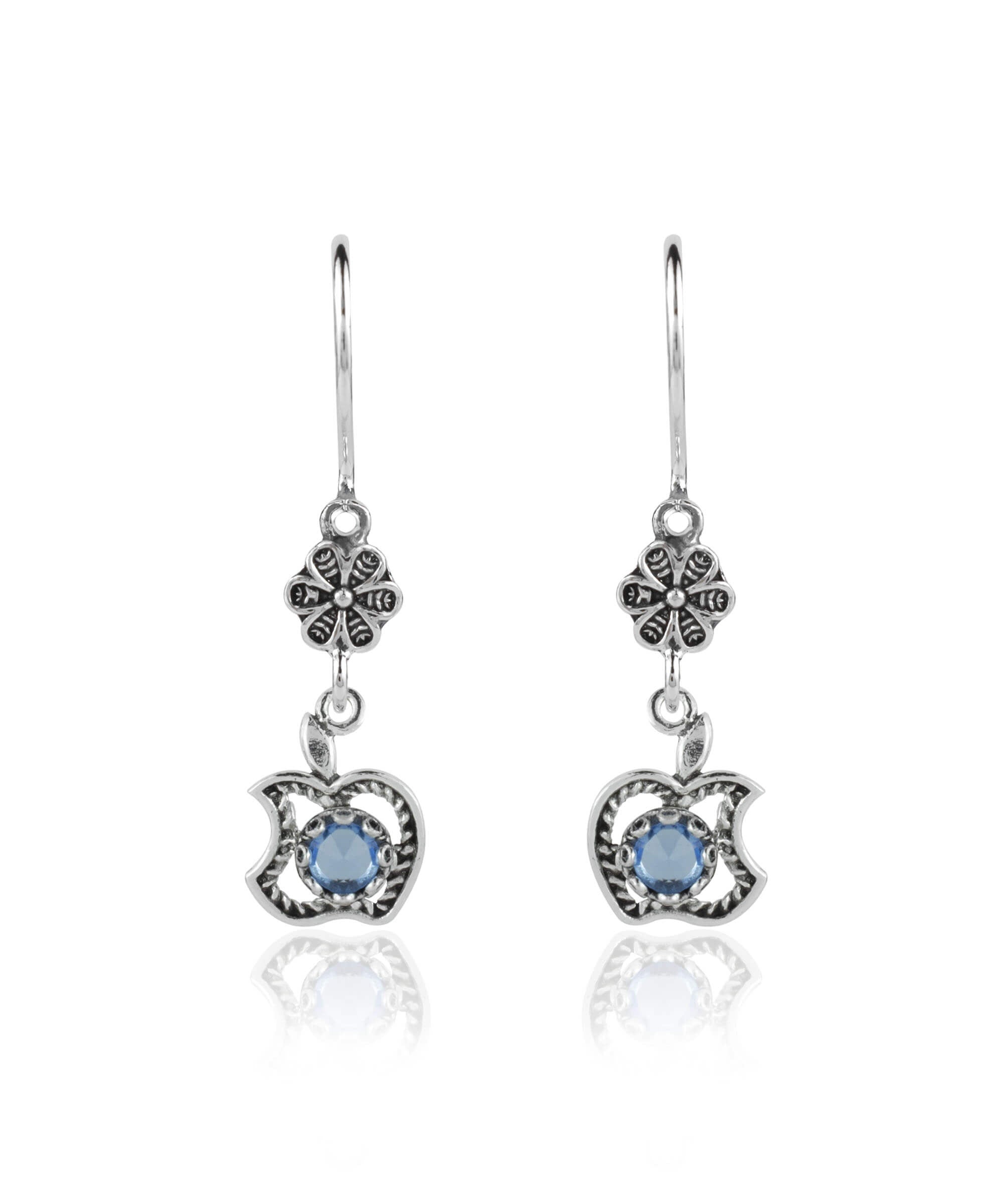 Elegant silver dangle earrings featuring a filigree apple design with faceted gemstones in Amethyst, Blue Topaz, Blue Quartz, or Citrine.