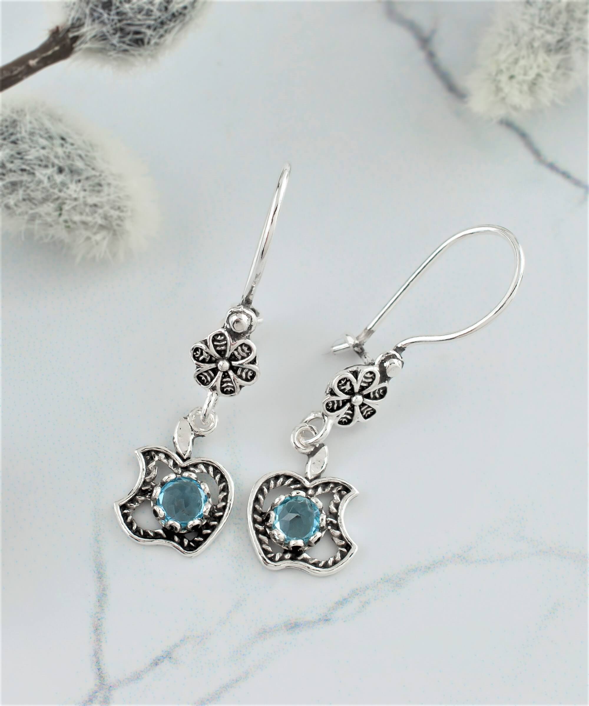 Elegant silver dangle earrings featuring a filigree apple design with faceted gemstones in Amethyst, Blue Topaz, Blue Quartz, or Citrine.