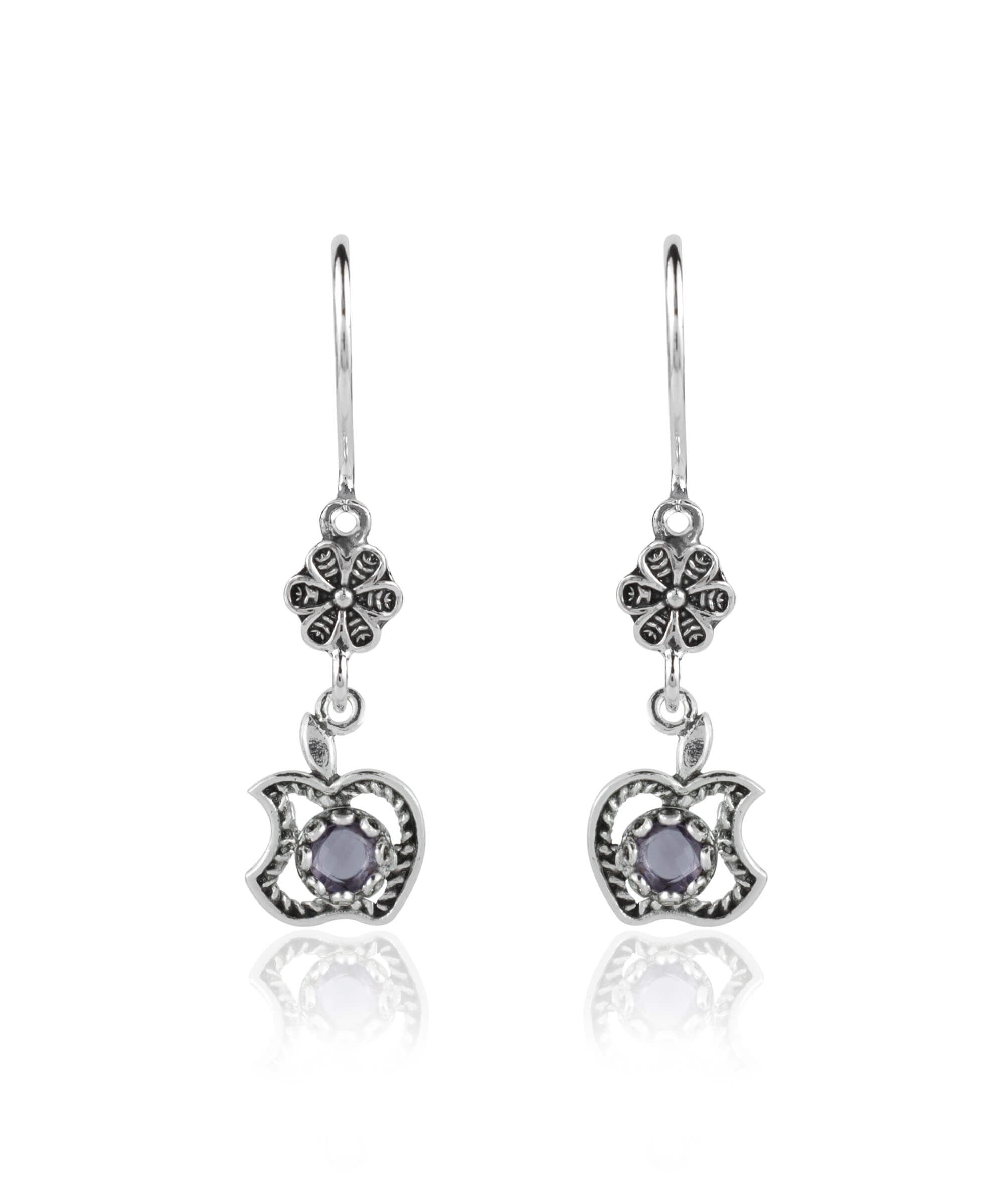 Elegant silver dangle earrings featuring a filigree apple design with faceted gemstones in Amethyst, Blue Topaz, Blue Quartz, or Citrine.